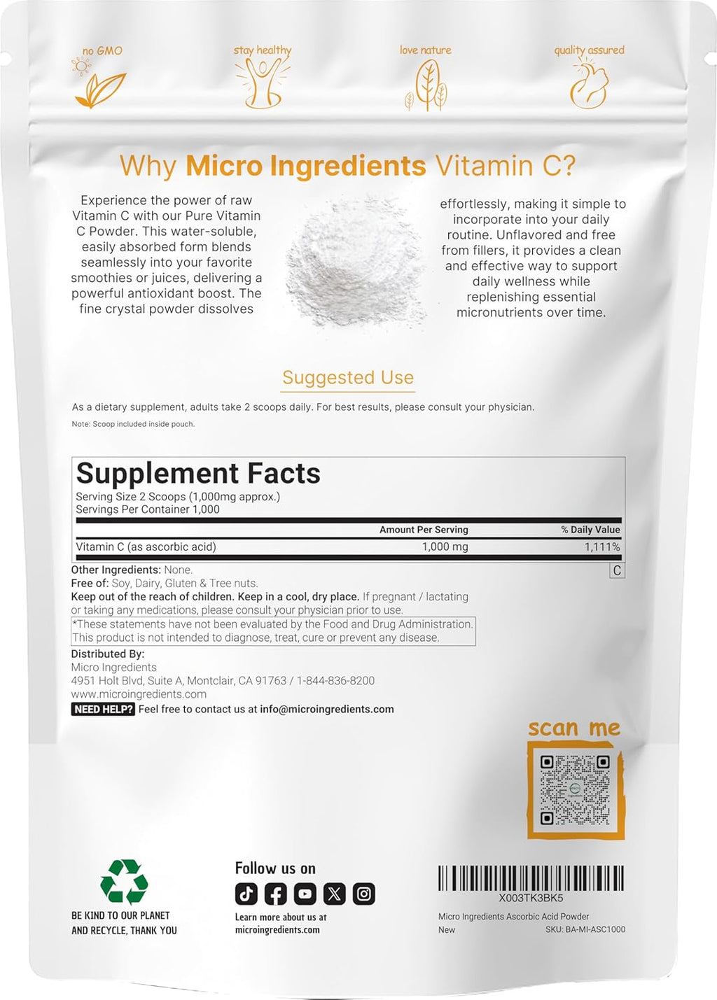 Micro Ingredients Pure Vitamin C Powder 1 kg (2.2 lbs) - Unflavored Ascorbic Acid