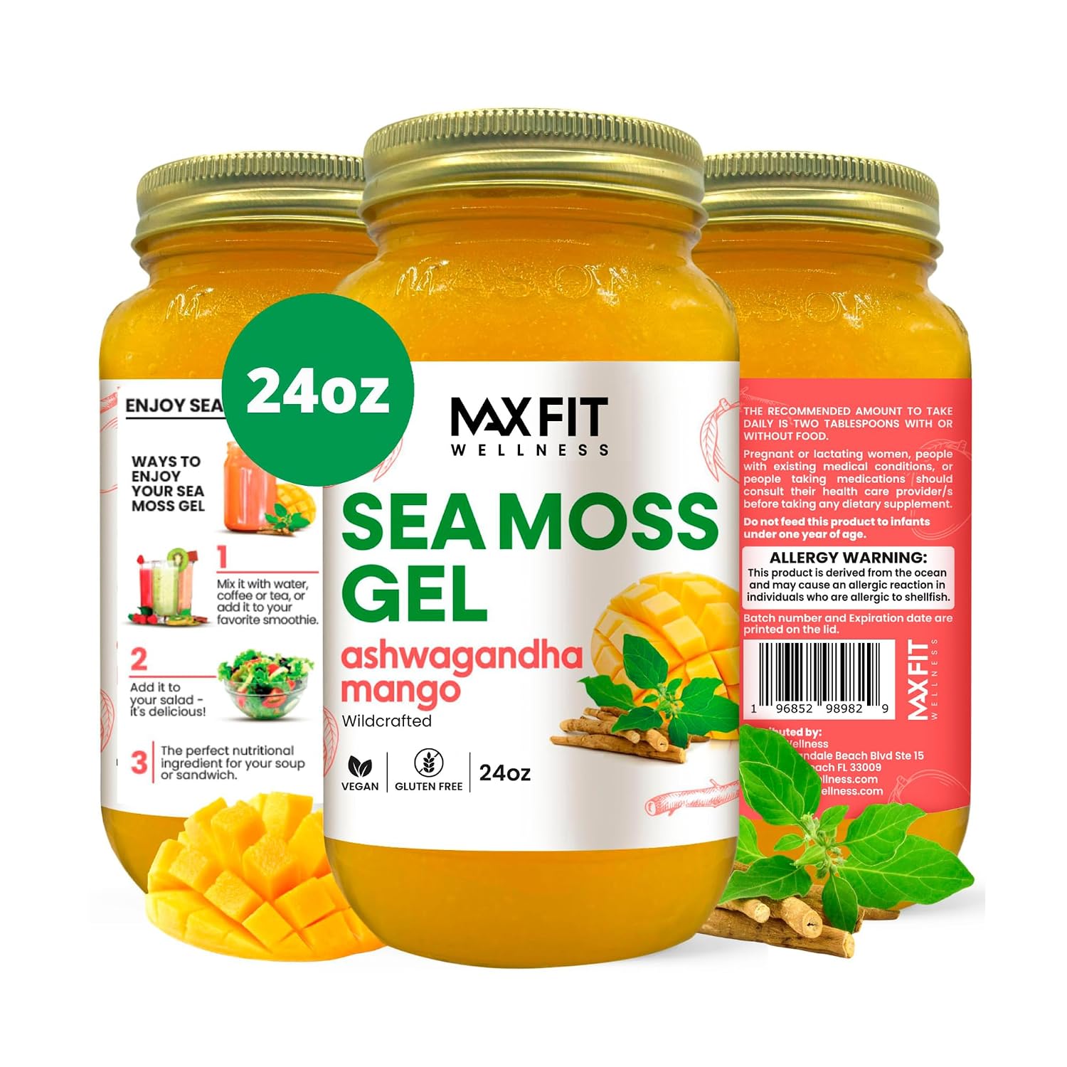 Gel de Sea Moss con Ashwagandha y Mango | 24oz - Wildcrafted Gold Sea Moss | MAX FIT