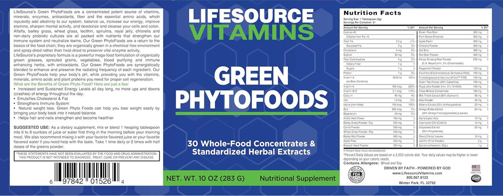 LifeSource Vitamins Green Phyto Foods 10 oz - 27 Organic Veggies - 72 Minerals