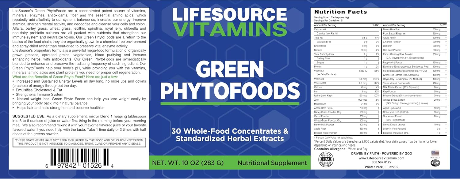 LifeSource Vitamins Green Phyto Foods 10 oz - 27 Organic Veggies - 72 Minerals