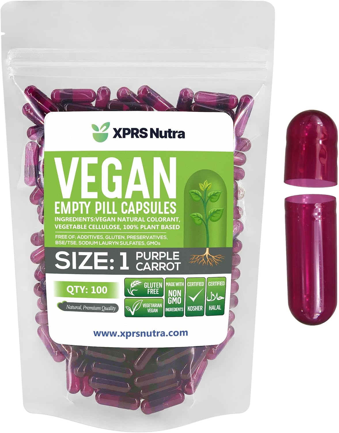 XPRS Nutra Cápsulas Vacías Tamaño 1 - 100 Cápsulas Veganas de Celulosa Vegetal para Rellenar (Color Lila)