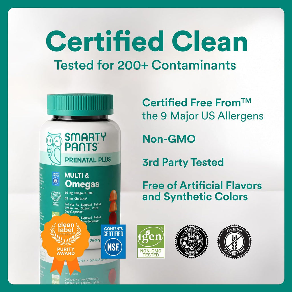 SmartyPants Prenatal Multivitamin Gummies, Omega 3 (DHA/EPA), Metilfolato, Biotina, Vitamina D3, C, Vitamina B12, B6, Vitamina A, K y Zinc, Sin Gluten, 120 Gominolas (40 Días)