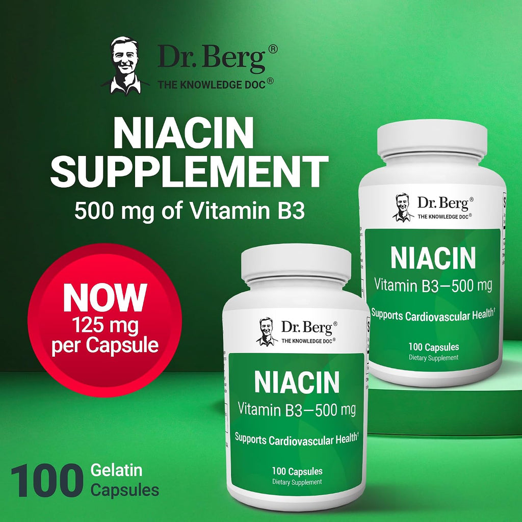 Dr. Berg Niacina de Alta Potencia 500 mg – 125 mg por Cápsula para Construir Tolerancia al Flush – 100 Cápsulas
