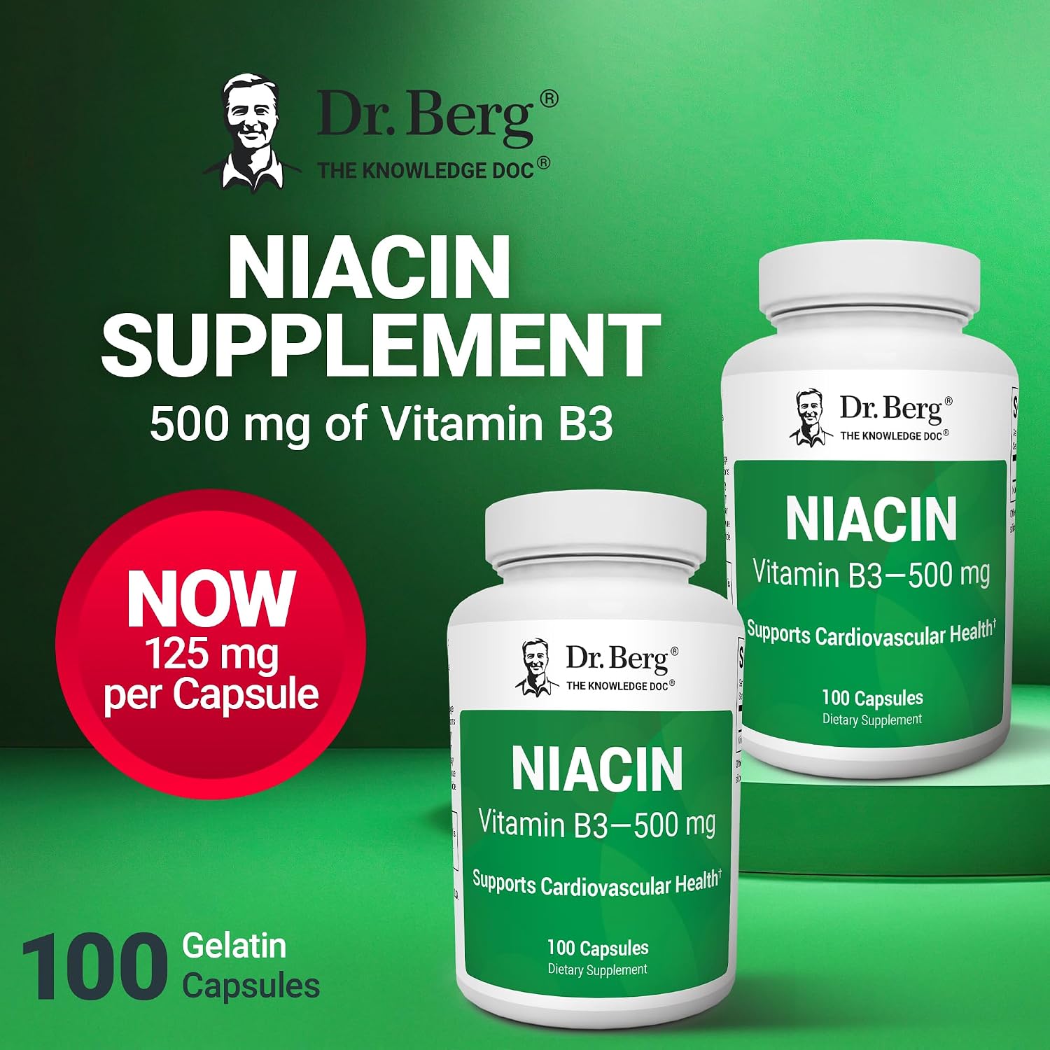 Dr. Berg Niacina de Alta Potencia 500 mg – 125 mg por Cápsula para Construir Tolerancia al Flush – 100 Cápsulas