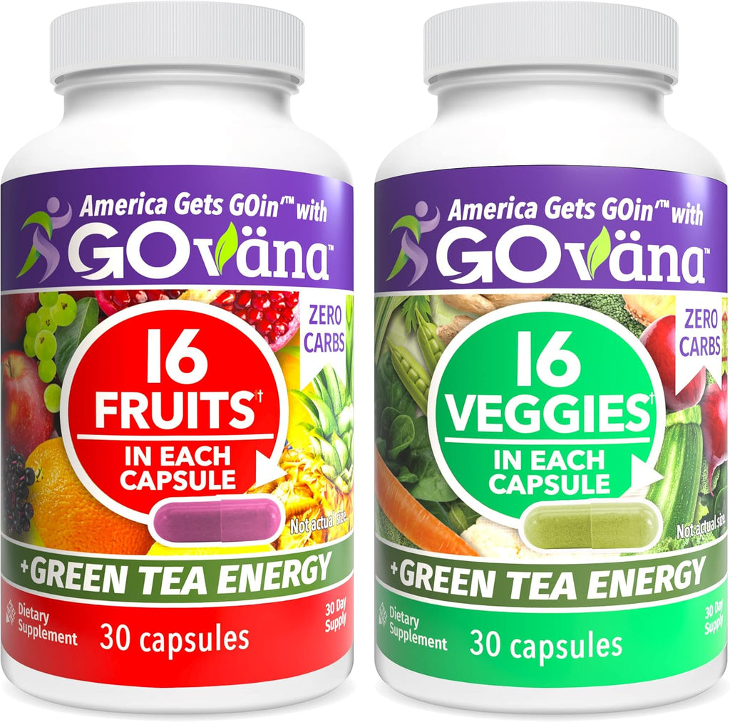 GOVANA Fruits & Veggies - Suplemento con 16 Frutas y 16 Verduras, Té Verde y B12, Cero Carbohidratos