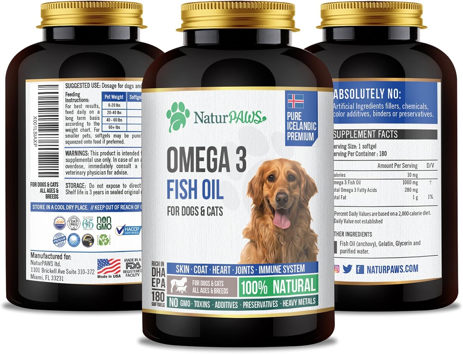 NaturPAWS Omega 3 para Perros y Gatos - 1000 mg de DHA y EPA - Apoya Piel, Pelaje, Articulaciones, Corazón y Sistema Inmunológico - 180 Cápsulas Blandas