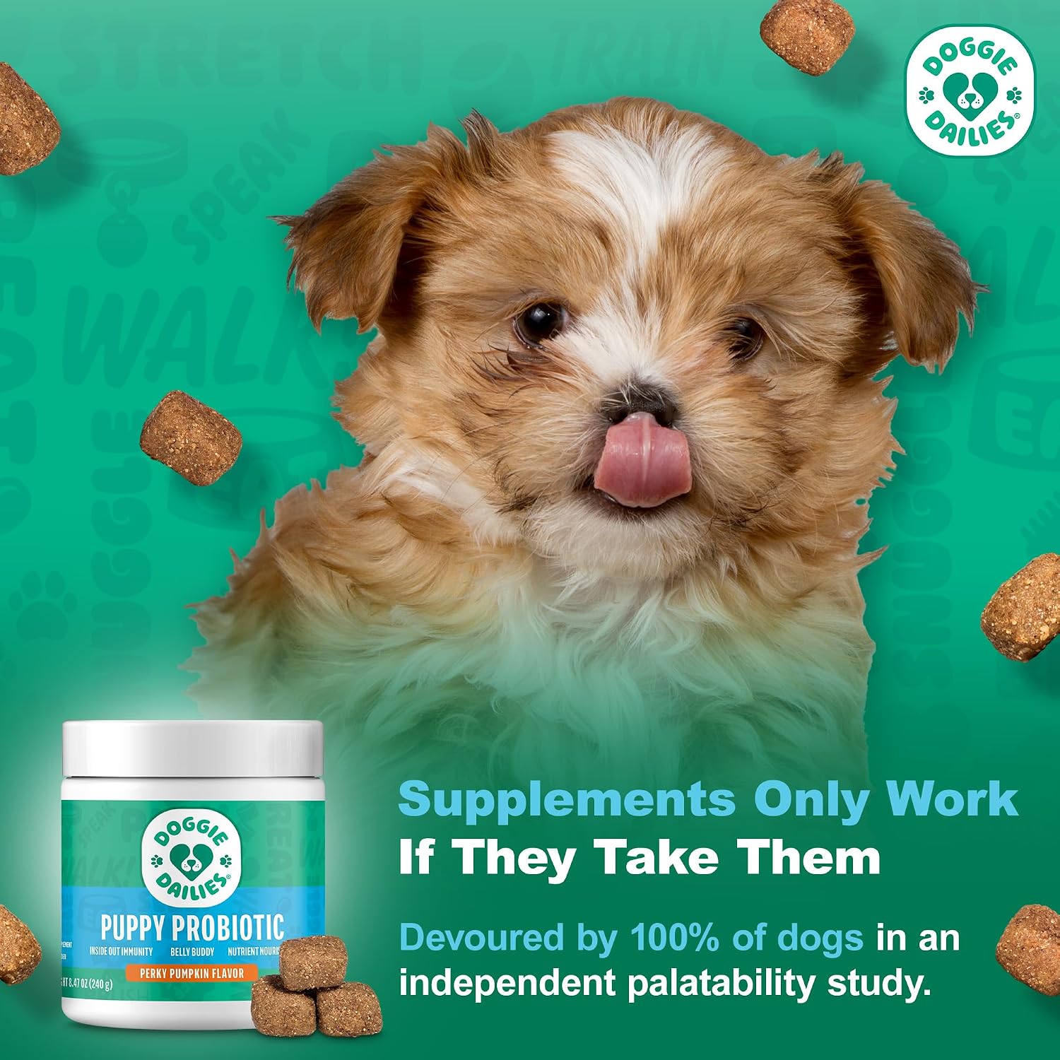 Doggie Dailies Probiótico para Cachorros, Probióticos con Enzimas Digestivas, Apoya la Salud Digestiva e Inmunológica, Sabor Calabaza, 120 Masticables Blandos