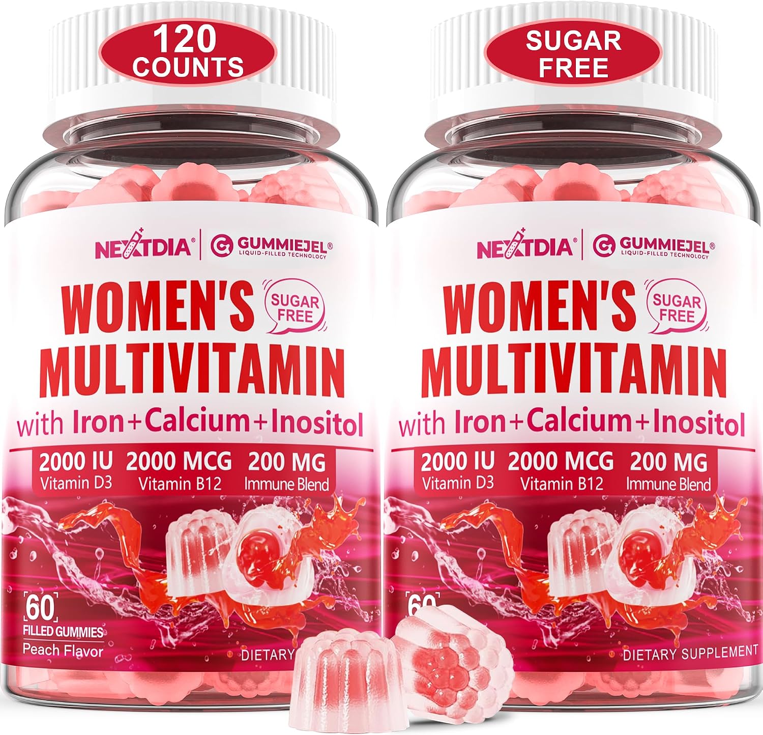Multivitamínico en Gominolas Sin Azúcar para Mujeres con Calcio, D3 K2, Inositol, Folato, Biotina, Hierro - 2 Paquetes
