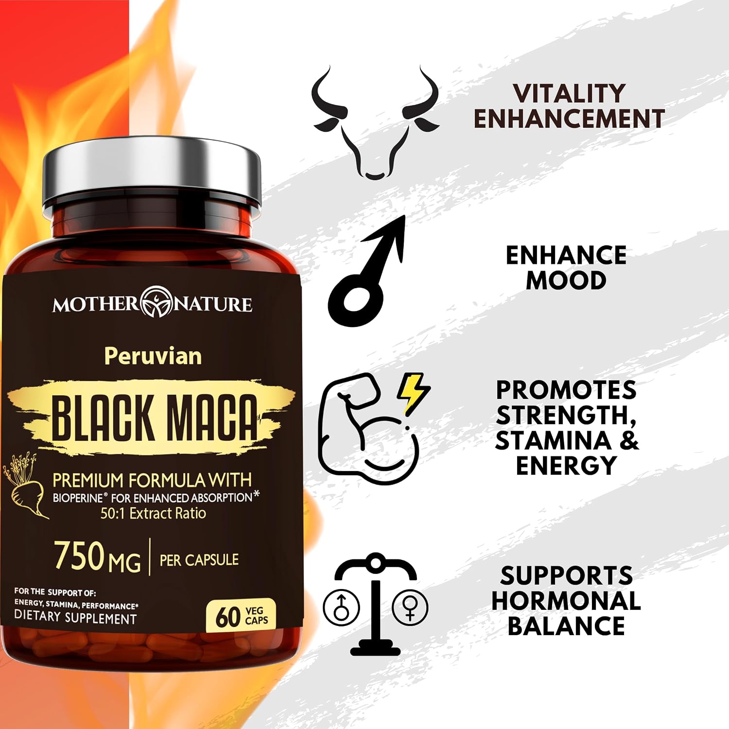 MNO Black Maca Root 50:1 750mg – Maca Negra Peruana Orgánica, 60 Cápsulas Veganas