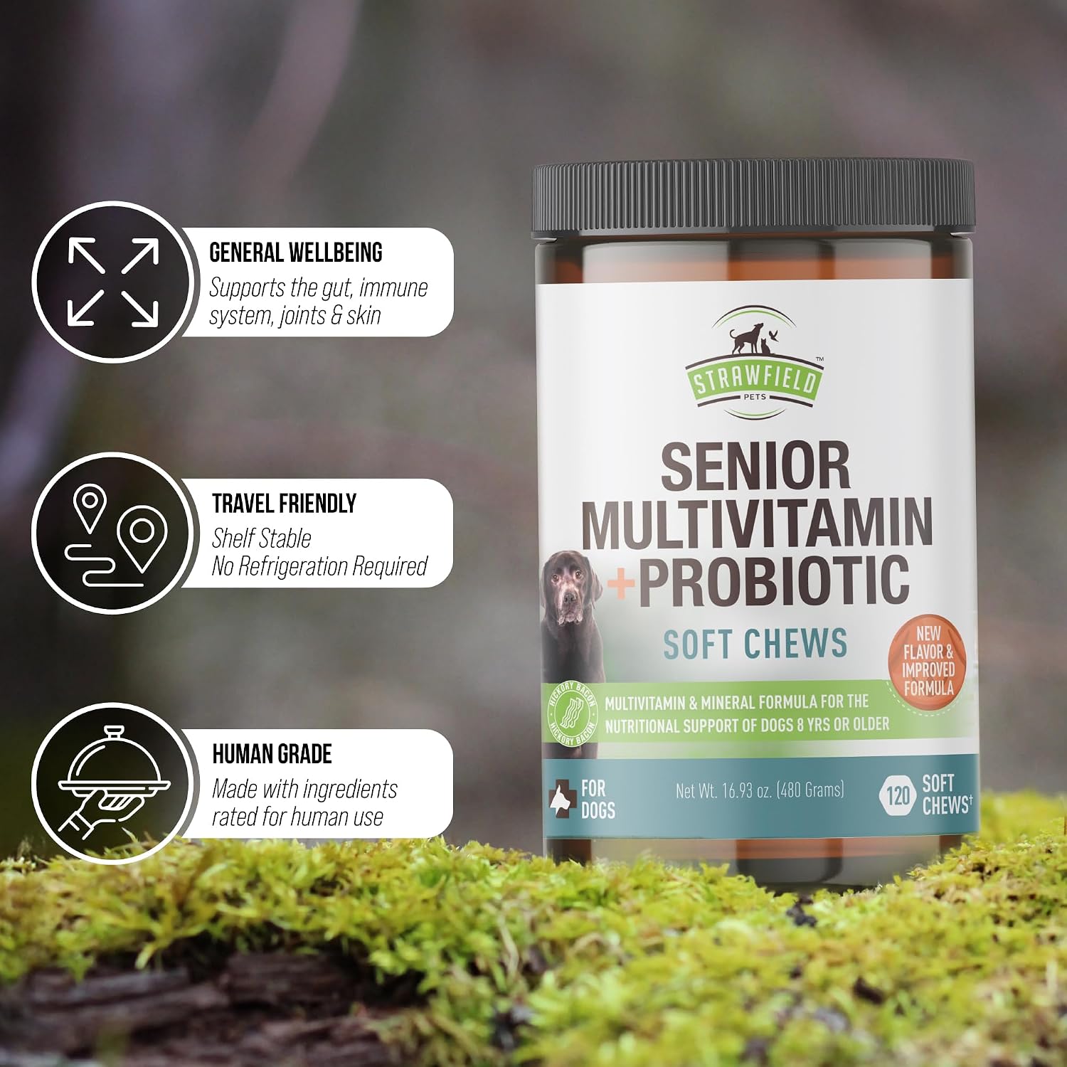 Strawfield Pets Multivitamínico Senior con Probióticos y Cardo Mariano para Perros, Sabor a Bacon, 120 Masticables Blandos