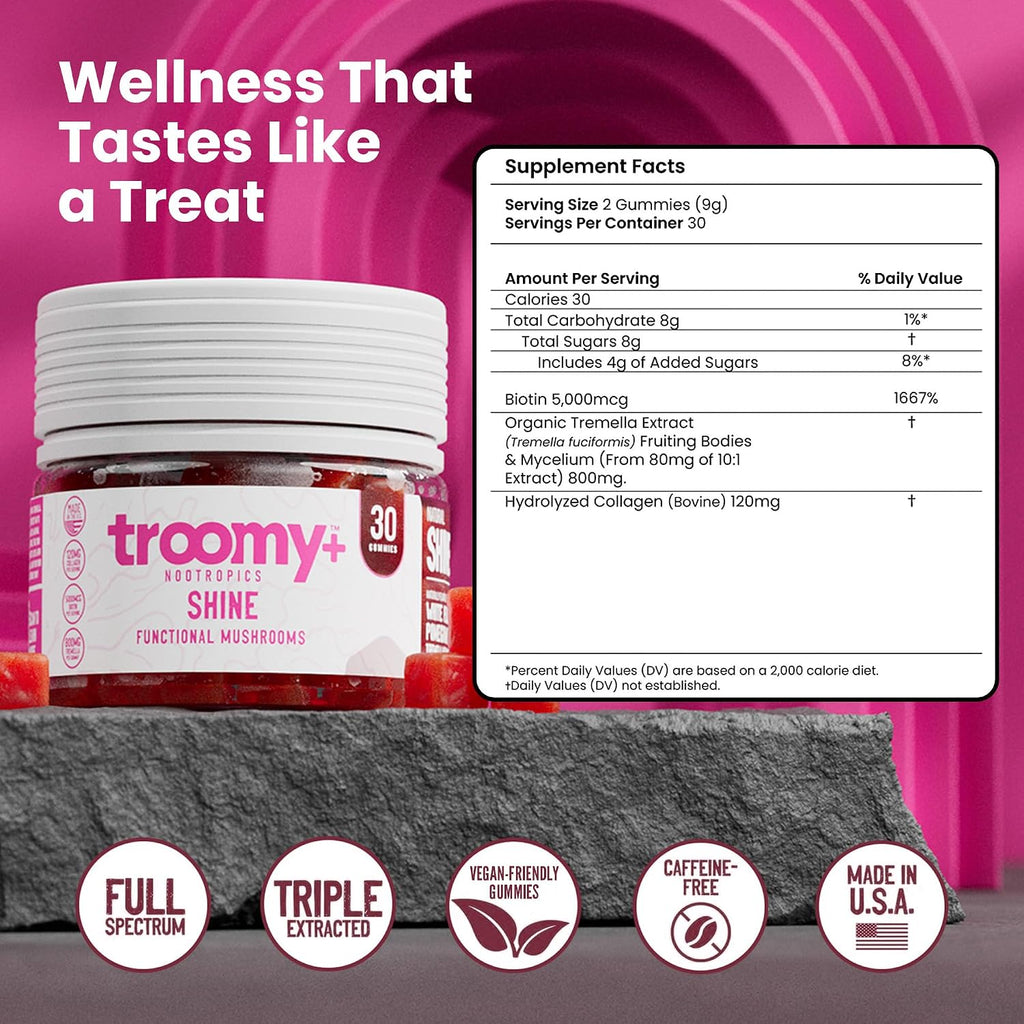 Troomy Shine Gominolas de Tremella con Biotina y Colágeno para Cabello, Piel y Uñas - Sabor Melocotón Blanco y Granada - 30 Gomitas