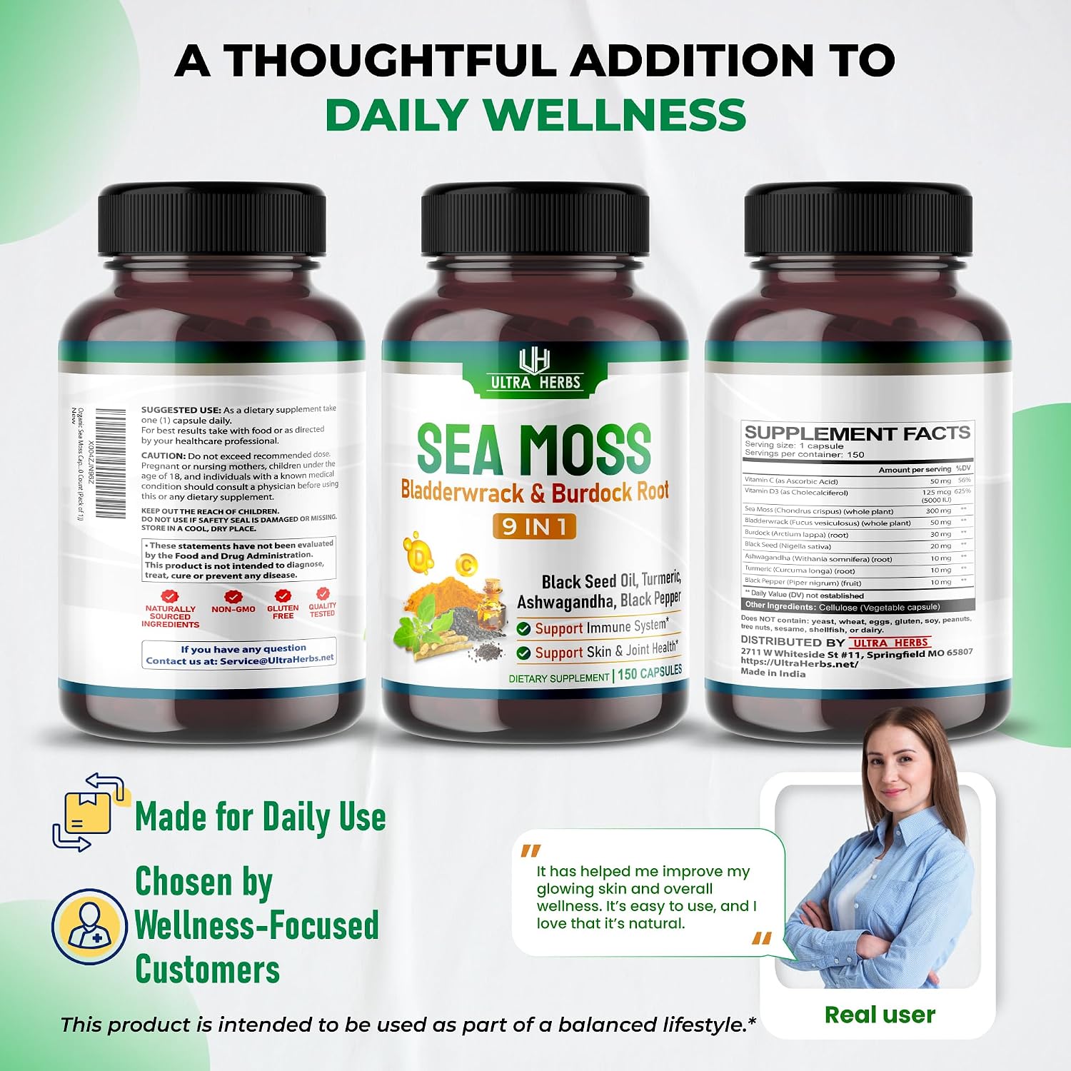 Ultra Herbs Cápsulas de Sea Moss con Aceite de Nigella, Ashwagandha, Vitamina D3 y C | 12 en 1 | Apoyo Inmunológico | 150 Cápsulas | Sin Gluten | No GMO