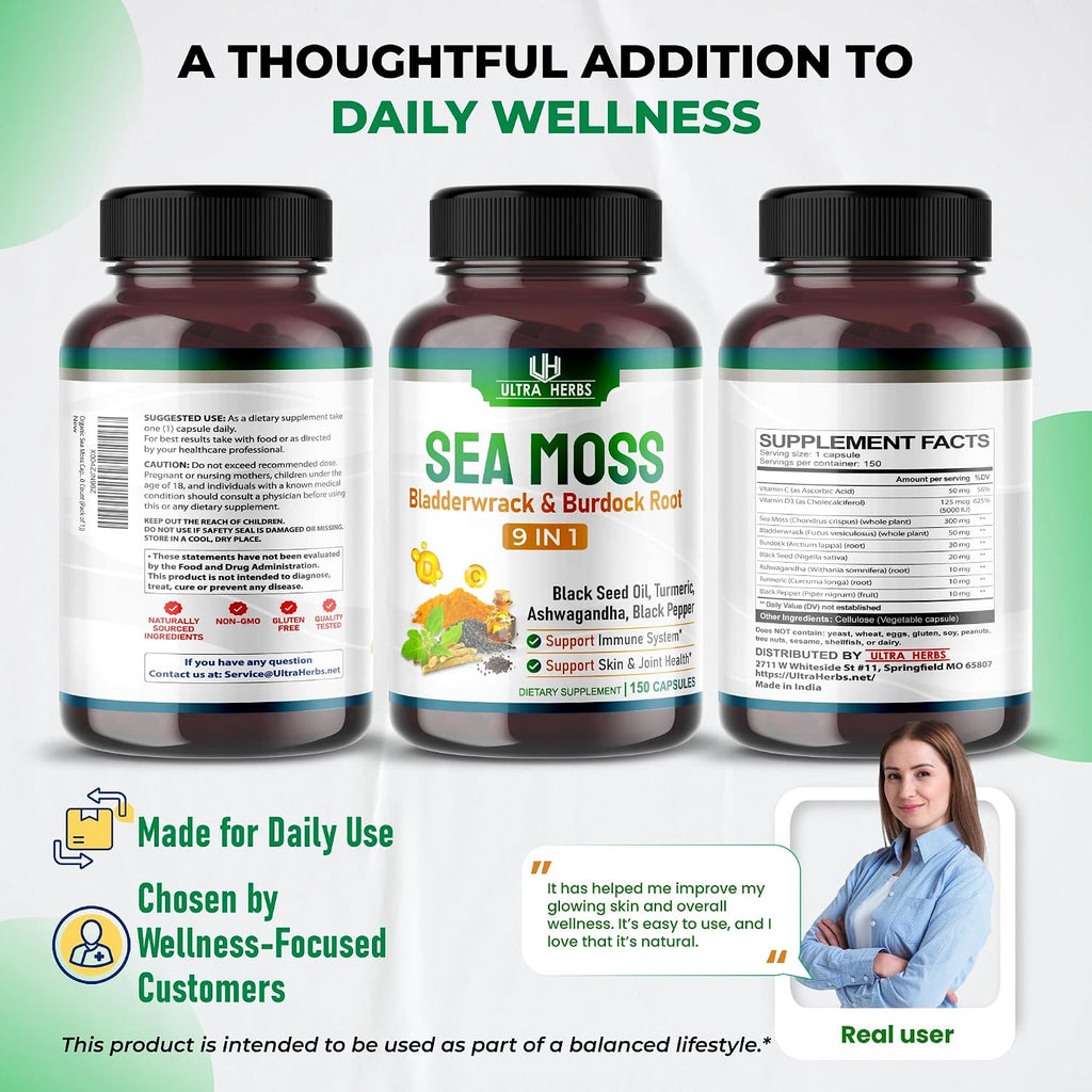 Ultra Herbs Cápsulas de Sea Moss con Aceite de Semilla Negra, Ashwagandha, Vitamina D3 y C | 150 Cápsulas