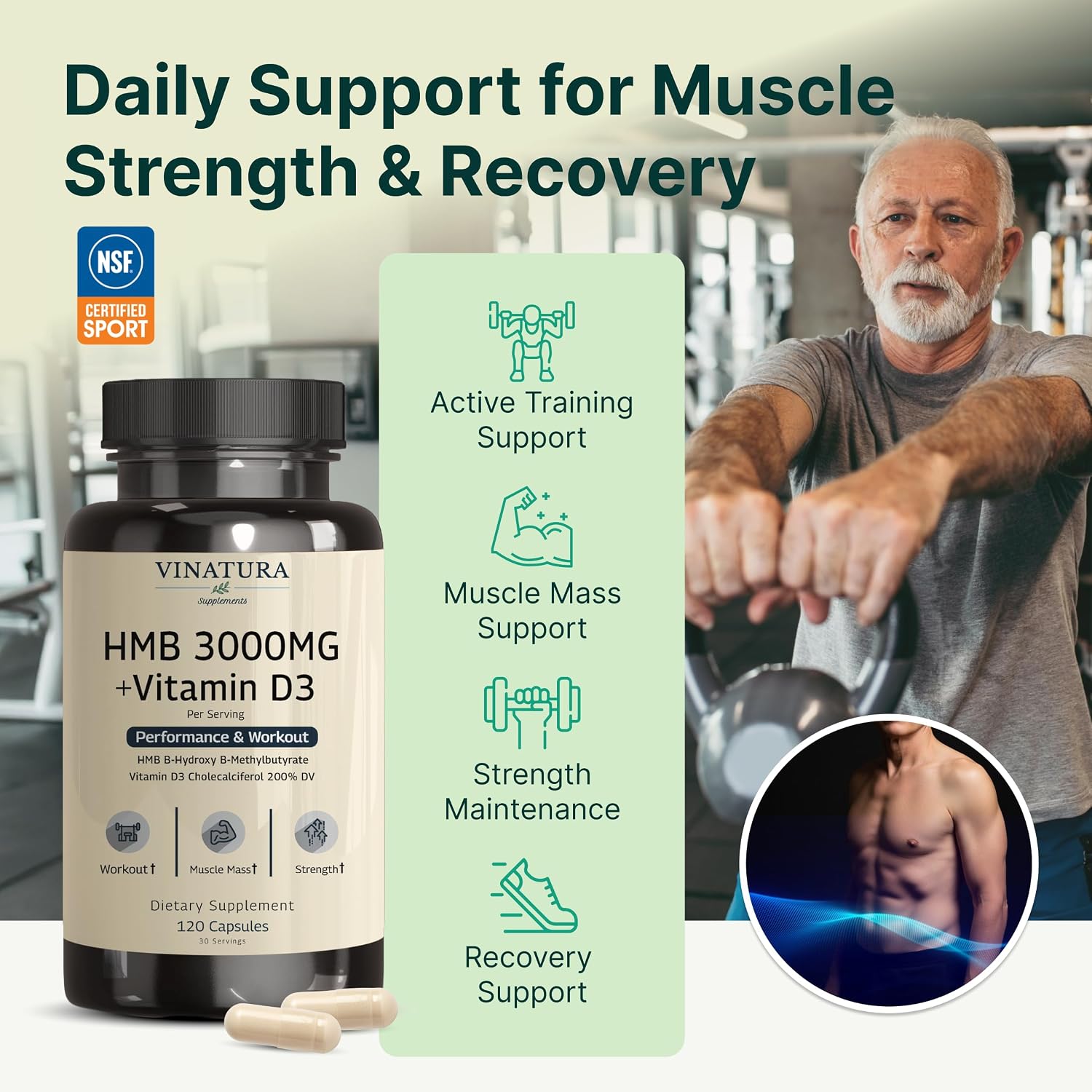 VINATURA HMB 3000mg y Vitamina D3 Suplemento Defensa Muscular - 120 Cápsulas