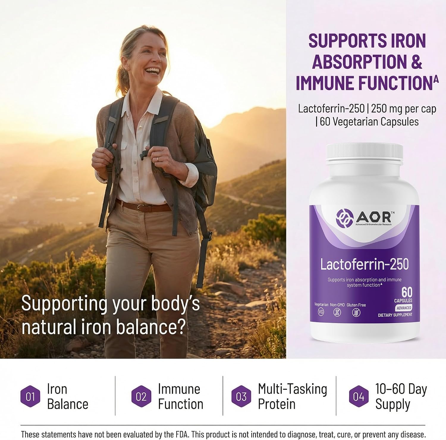 AOR Lactoferrina 250mg, 60 Cápsulas Vegetales
