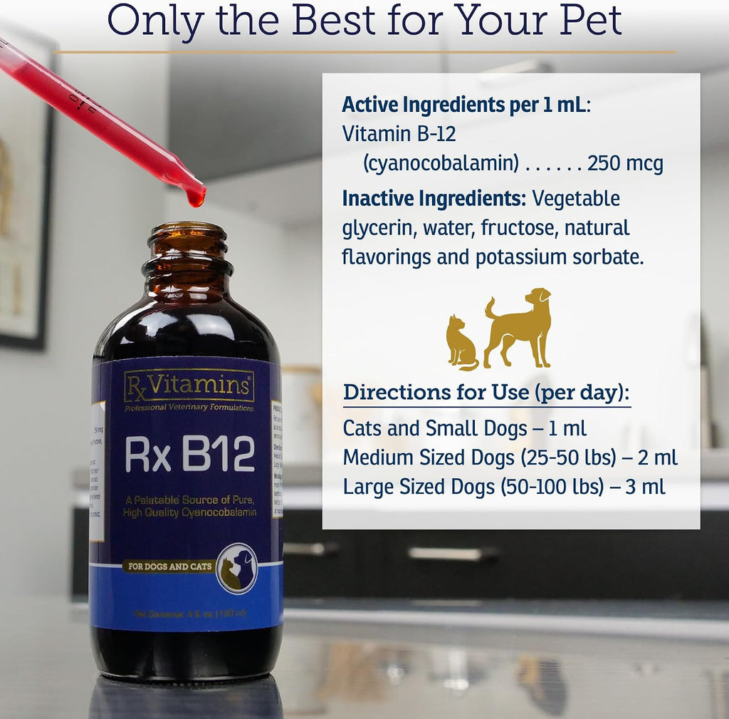 RX Vitamins B12 para Perros y Gatos - Suplemento Líquido para Apoyo Digestivo y Nervioso - 118 ml (4 oz)