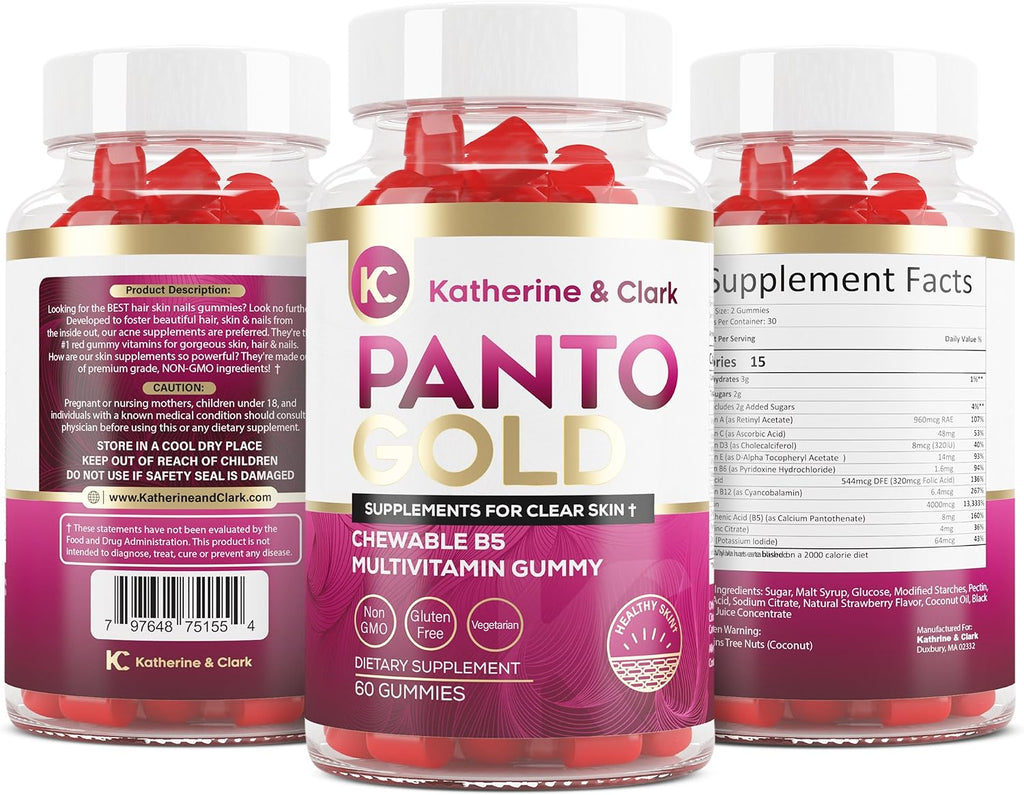 Panto Gold Vitamin B5 y Biotina Gummies para Piel, Cabello y Uñas