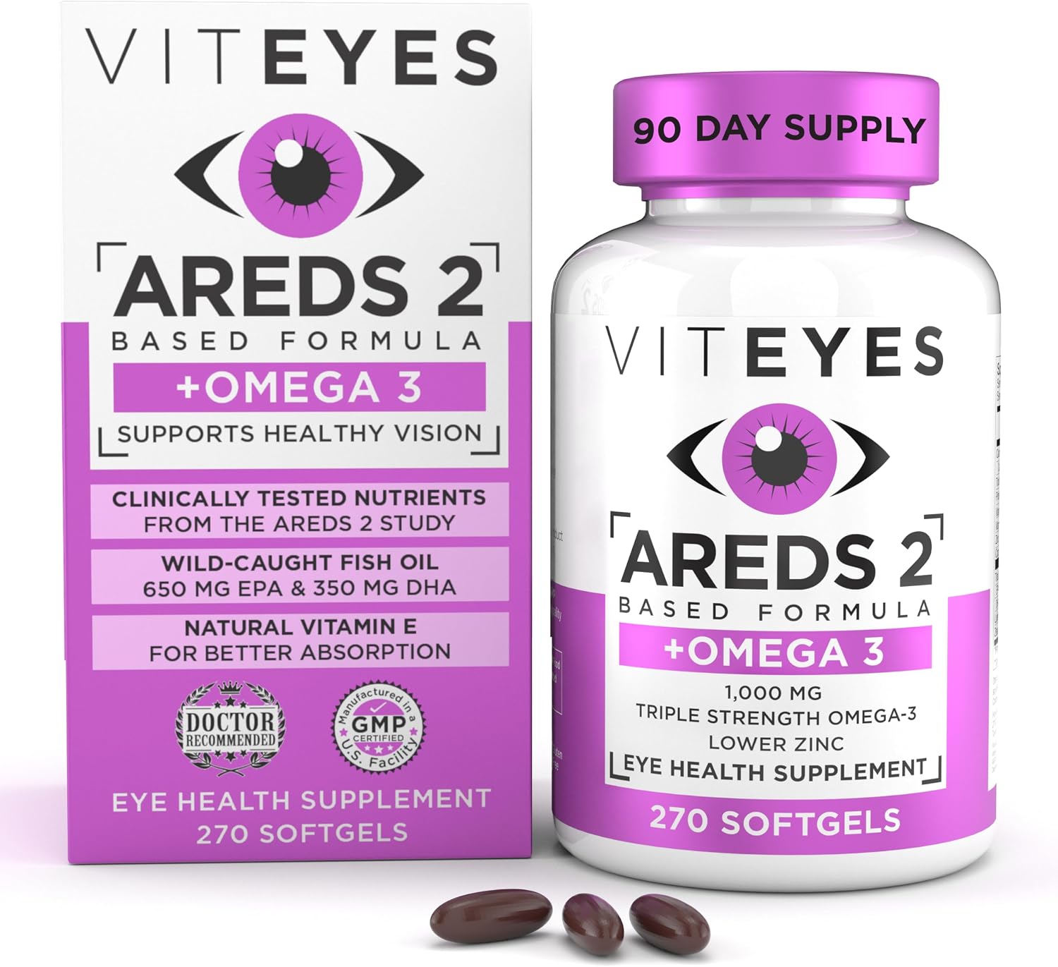 Viteyes AREDS 2 + Omega-3 Fórmula para la Salud Macular, Cápsulas Blandas, Omega-3 Triple Fuerza (650 mg EPA, 350 mg DHA), 90 Cápsulas