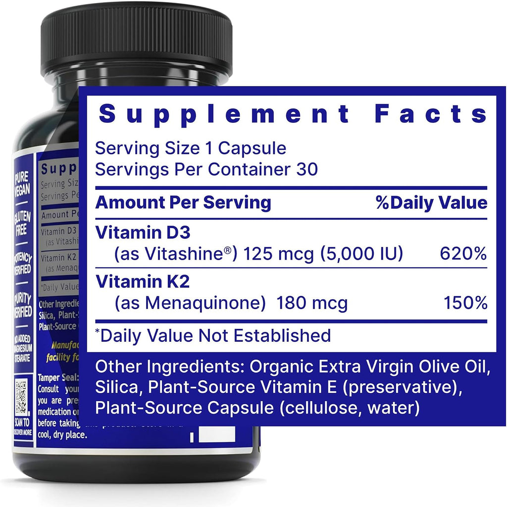 Quantum Nutrition Labs Vitamina D3 y K2 - 5000 UI, 30 Cápsulas Veganas