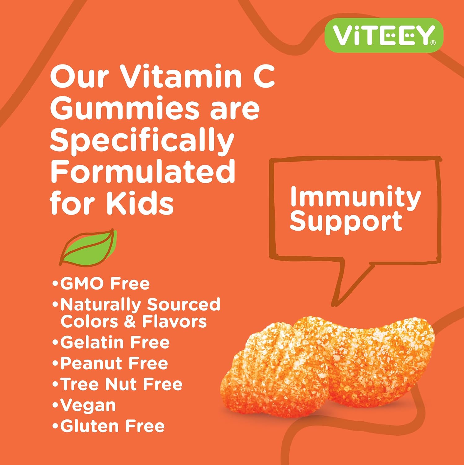 Viteey Gomitas de Vitamina C para Niños - Sabor Naranja - 120 Unidades - Vegano, Sin Gluten, Sin Gelatina