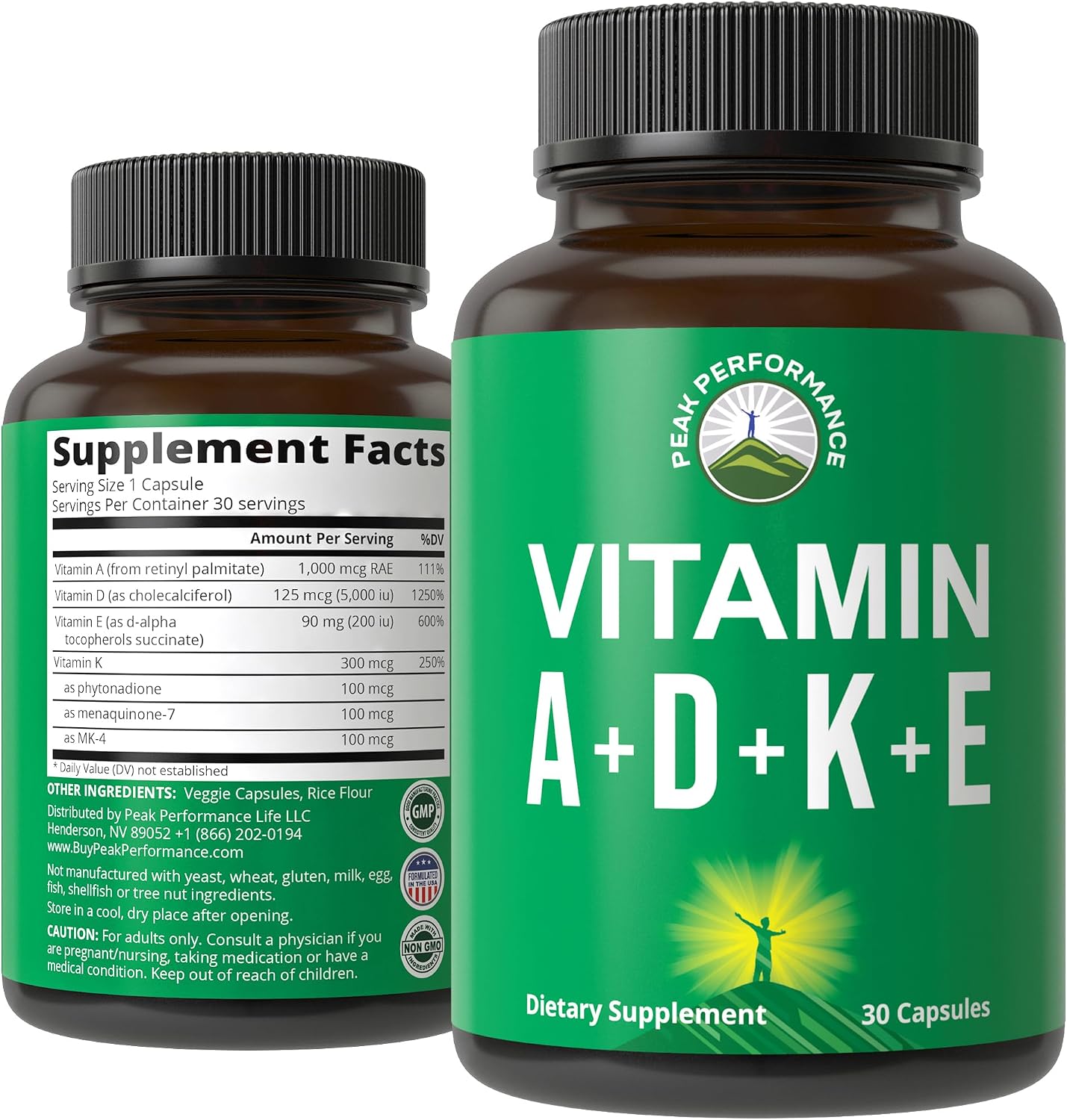 Peak Performance Vitaminas A, D3, E, K – 5.000 UI D3 – Cápsula Vegana – Apoyo para Huesos, Inmunidad y Visión