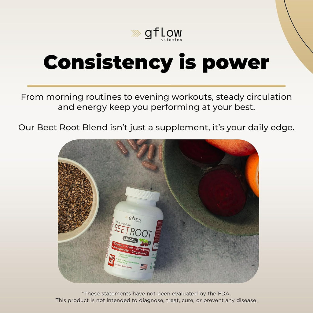 Gflow Vitamins Cápsulas de Remolacha Orgánicas con Vitamina C y Zinc - 180 Cápsulas Veganas