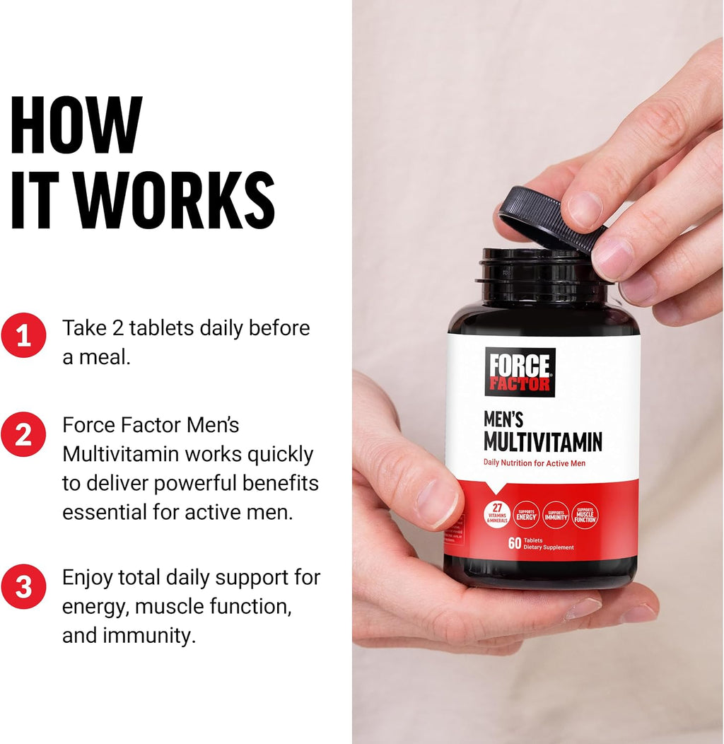 Force Factor Men’s Multivitamins, Multivitamin for Men Plus Amino Acids Supplement with 27 Vitamins and Minerals, and Phytonutrients to Support Energy, and Immunity, 60 Tablets