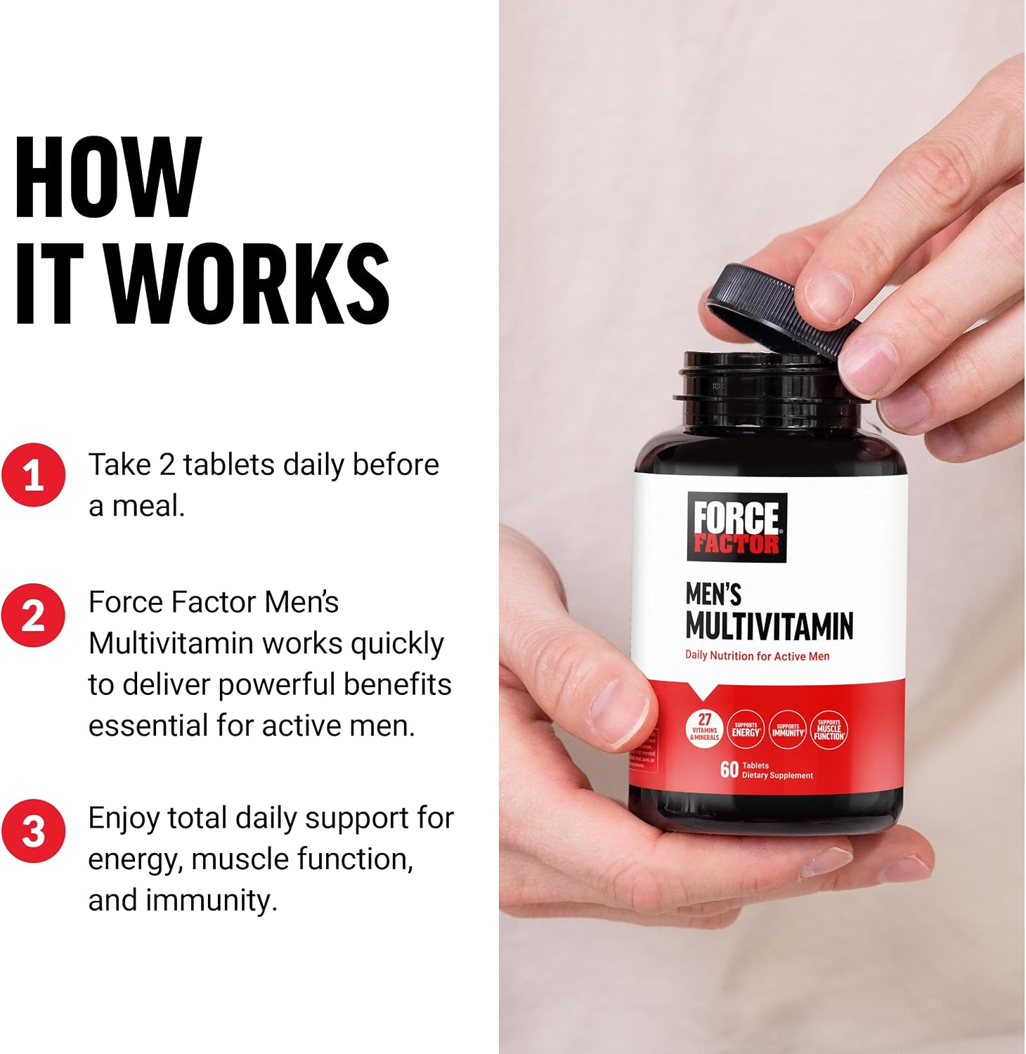 Force Factor Men’s Multivitamins, Multivitamin for Men Plus Amino Acids Supplement with 27 Vitamins and Minerals, and Phytonutrients to Support Energy, and Immunity, 60 Tablets