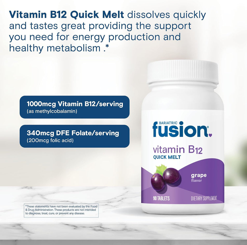 Bariatric Fusion Vitamina B12 Sublingual 1000 mcg - Comprimidos de fusión con sabor a uva y ácido fólico - Metilcobalamina - 90 unidades