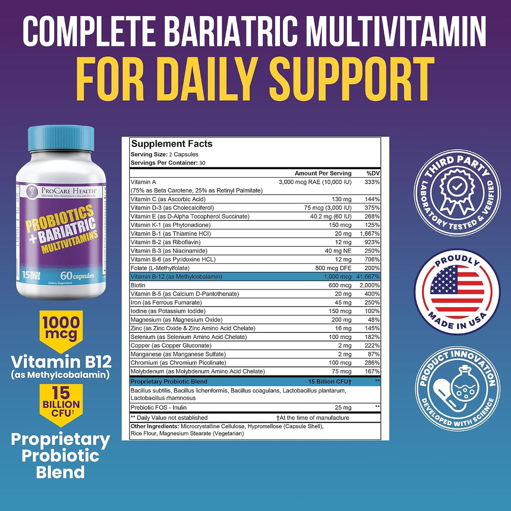ProCare Health Multivitamínico Bariátrico con Probióticos y Hierro 45mg - 60 Cápsulas Vegetales de Disolución Rápida
