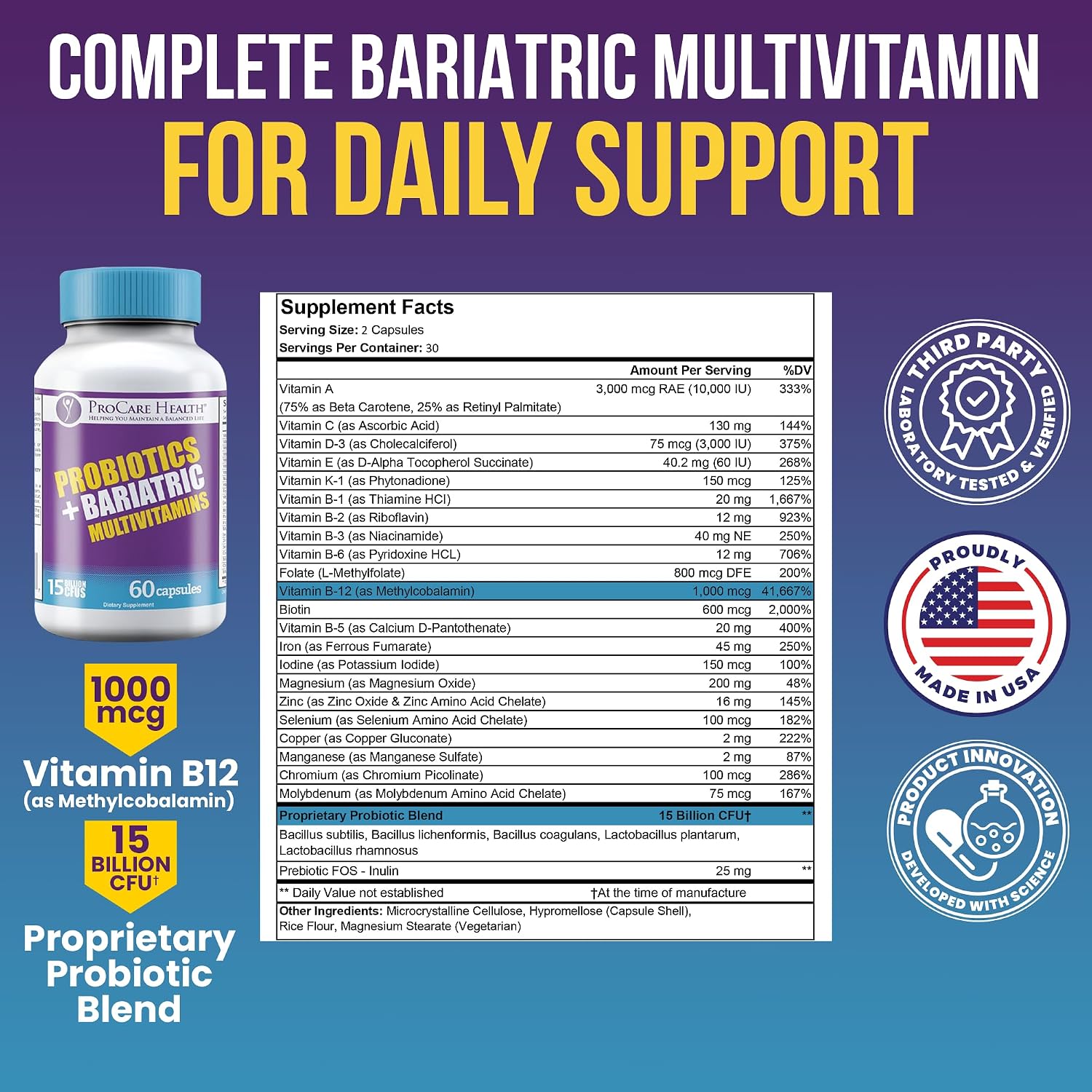 ProCare Health Multivitamínico Bariátrico con Probióticos y Hierro 45mg - 60 Cápsulas Vegetales de Disolución Rápida