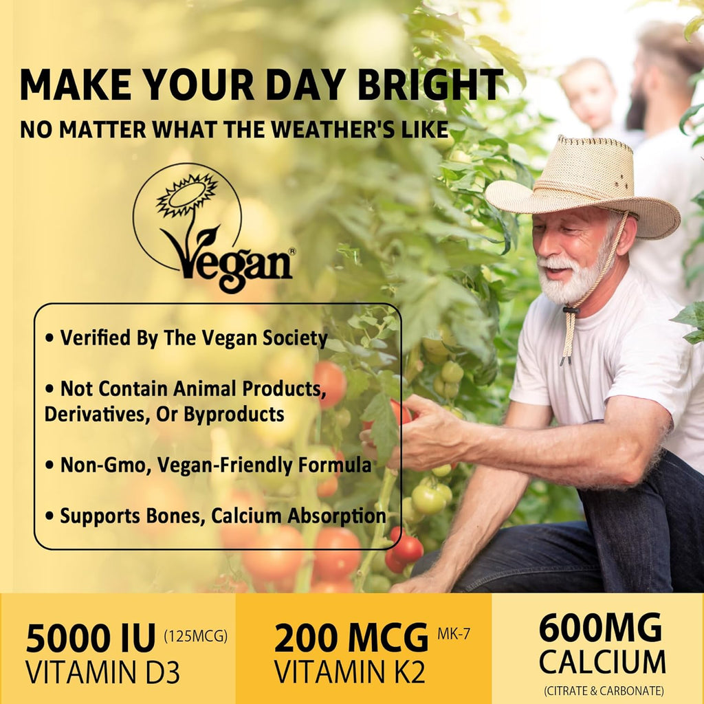Vitamin D3 K2 Bear Gummies - Vitamina D3 5000 UI, K2 200 mcg + Calcio 600 mg para Adultos, Vegano, 60 Gominolas