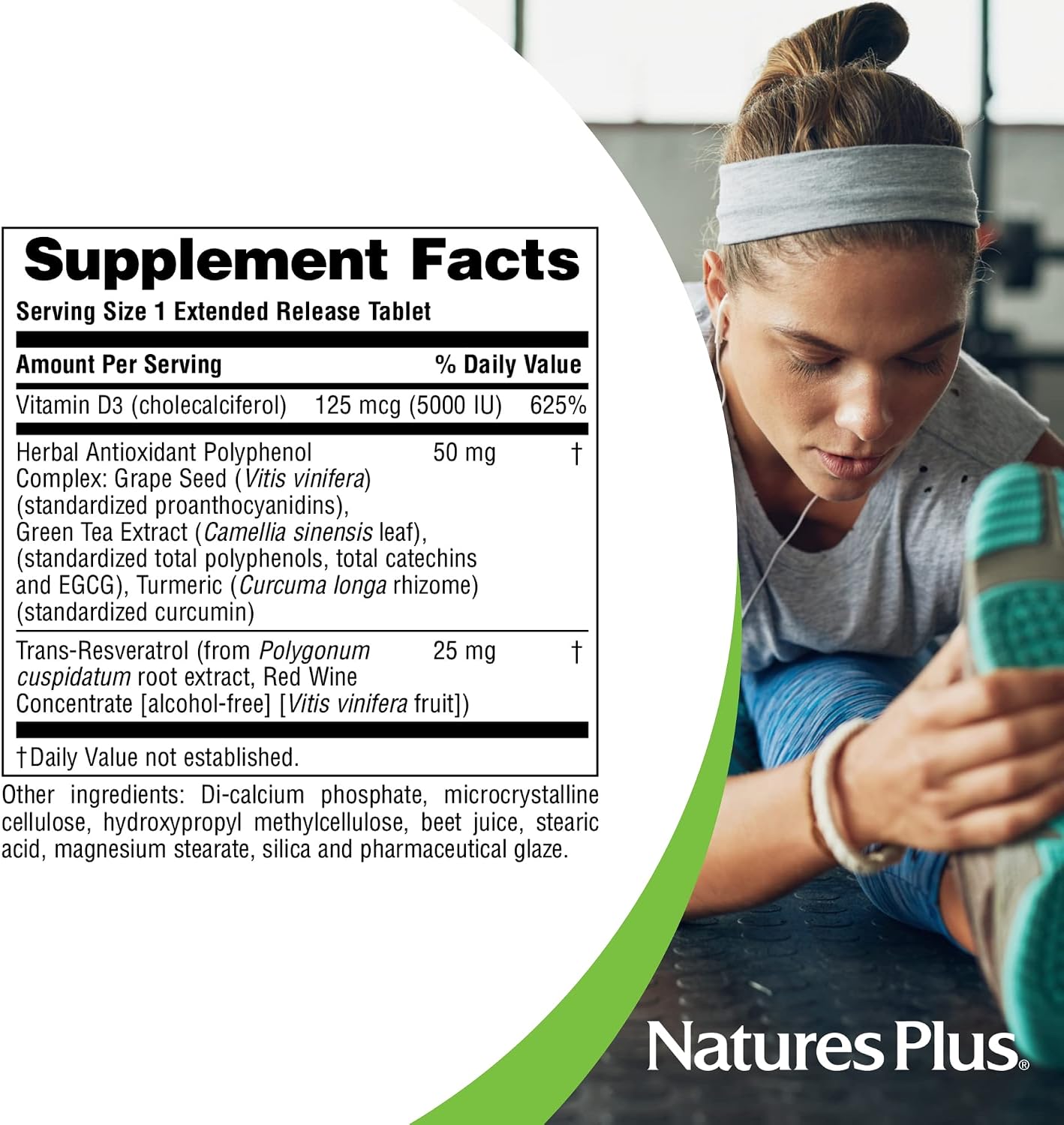 NaturesPlus Vitamina D3 5000 UI + Trans-Resveratrol - Liberación Prolongada - 90 Comprimidos Veganos