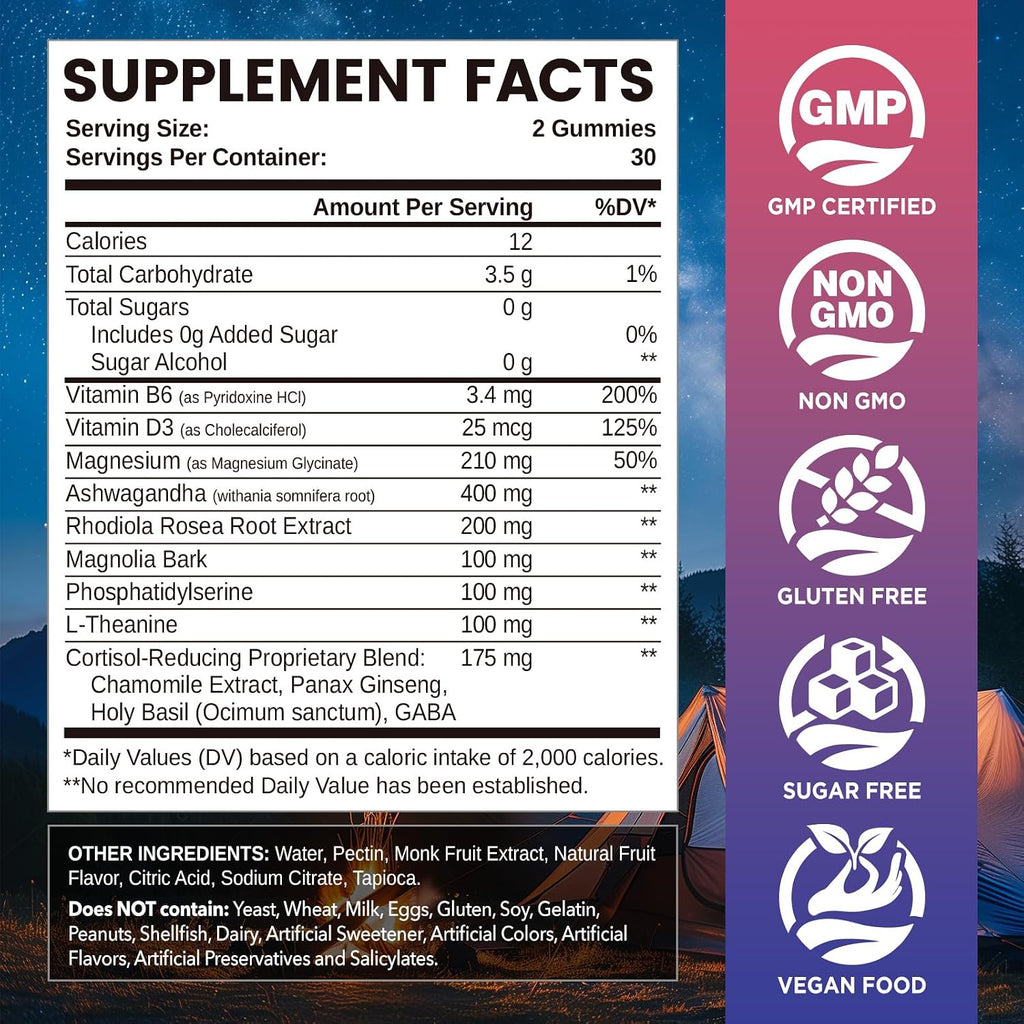 NATISLAND Cortisol Gummies 12-en-1 – Reduce Cortisol con Magnesio, Ashwagandha, L-Teanina, Vitamina B6 y D3, Sin Azúcar, Vegano, 60 Gomitas
