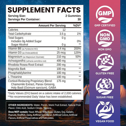 NATISLAND Cortisol Gummies 12-en-1 – Reduce Cortisol con Magnesio, Ashwagandha, L-Teanina, Vitamina B6 y D3, Sin Azúcar, – Image 2