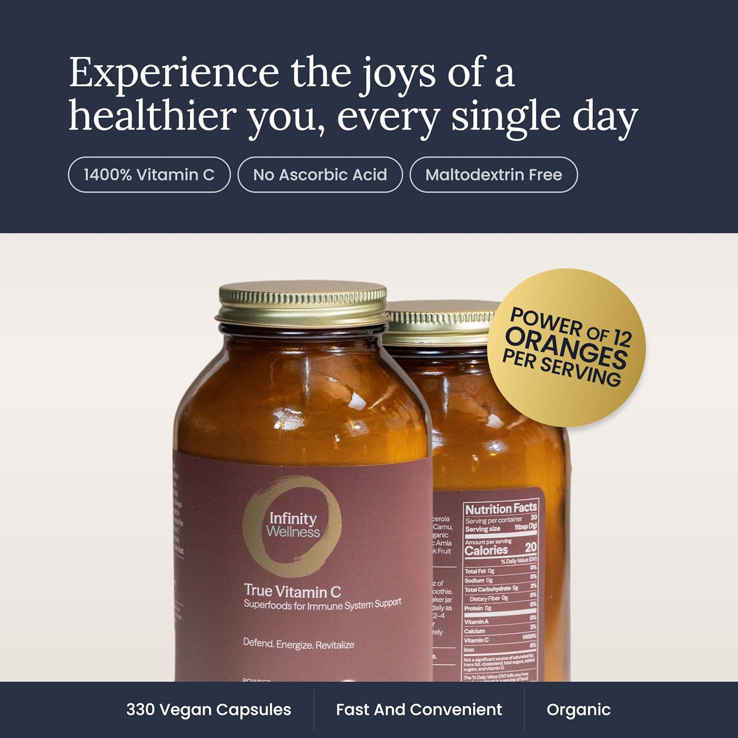 Infinity-C Mezcla Orgánica de Vitamina C en Polvo | Acerola, Camu Camu y Amla | 1000mg | Vegano, Sin OGM (30 porciones)