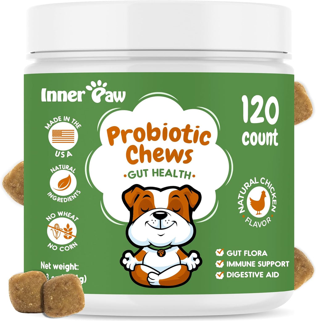 INNER PAW Probióticos para Perros con Enzimas Digestivas y Prebióticos – 120 Masticables Sabor Pollo