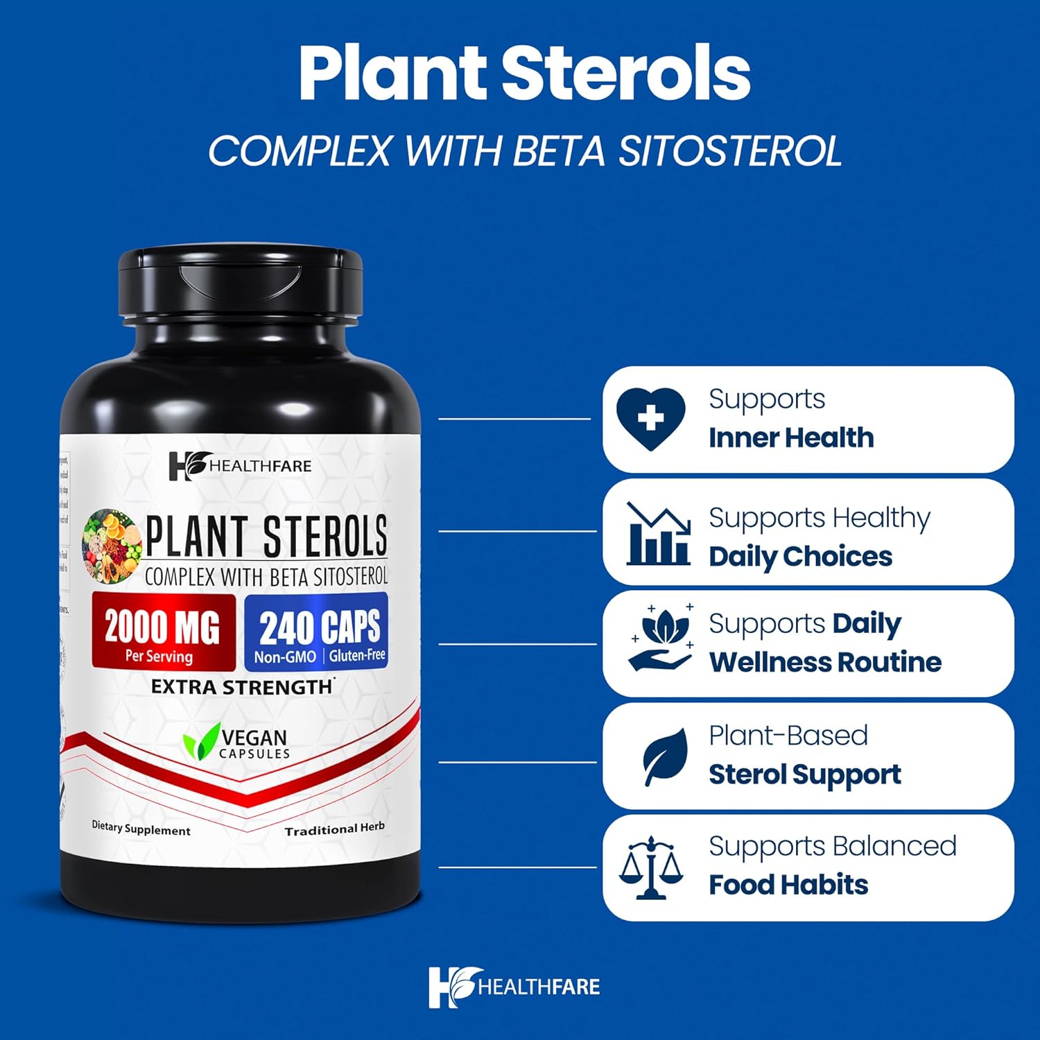 Healthfare Plant Sterols - 240 Cápsulas Veganas - Complejo de Beta-Sitosterol y Fitoesteroles
