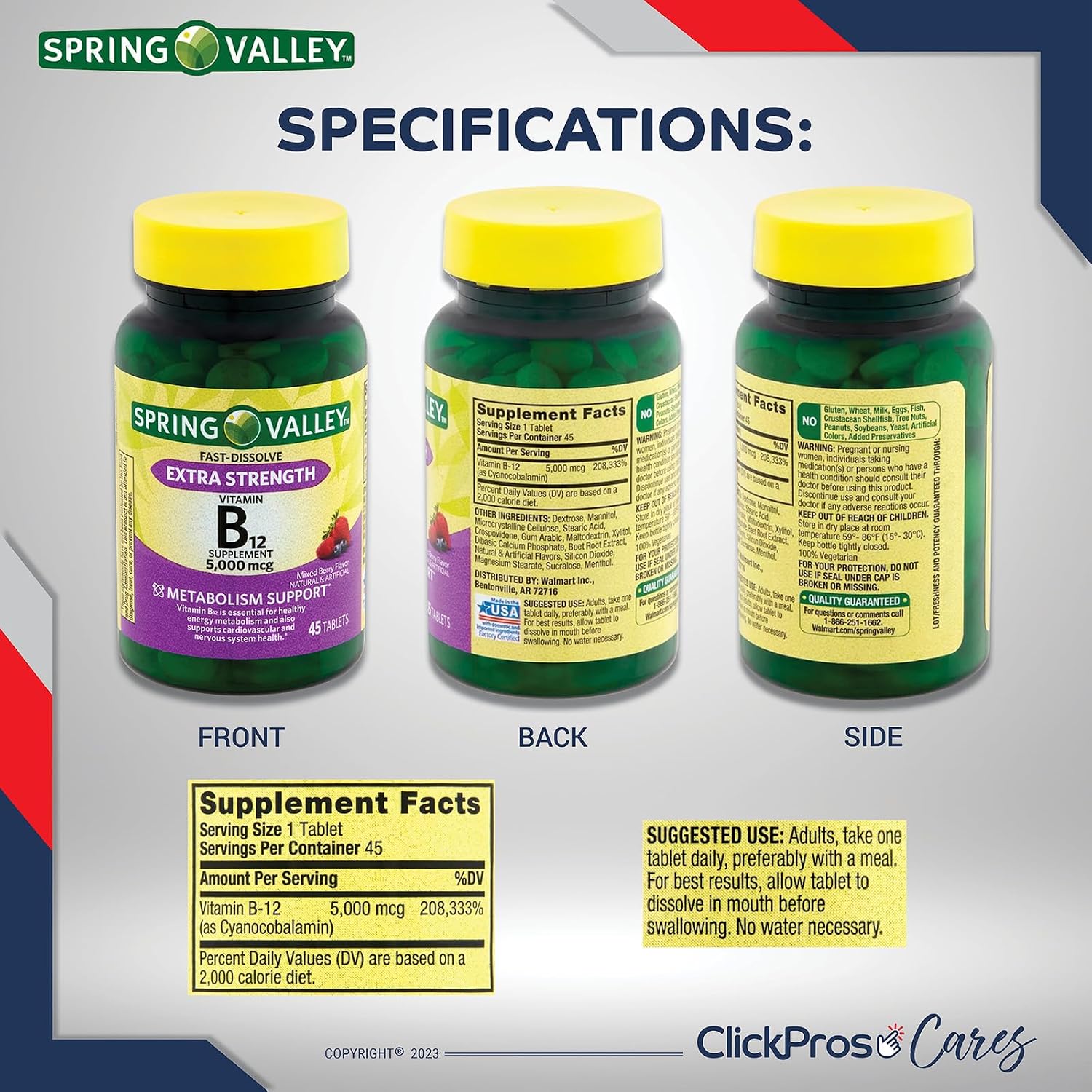 Spring Valley Vitamina B12 5000 mcg Comprimidos Sublinguales con Guía y Pastillero