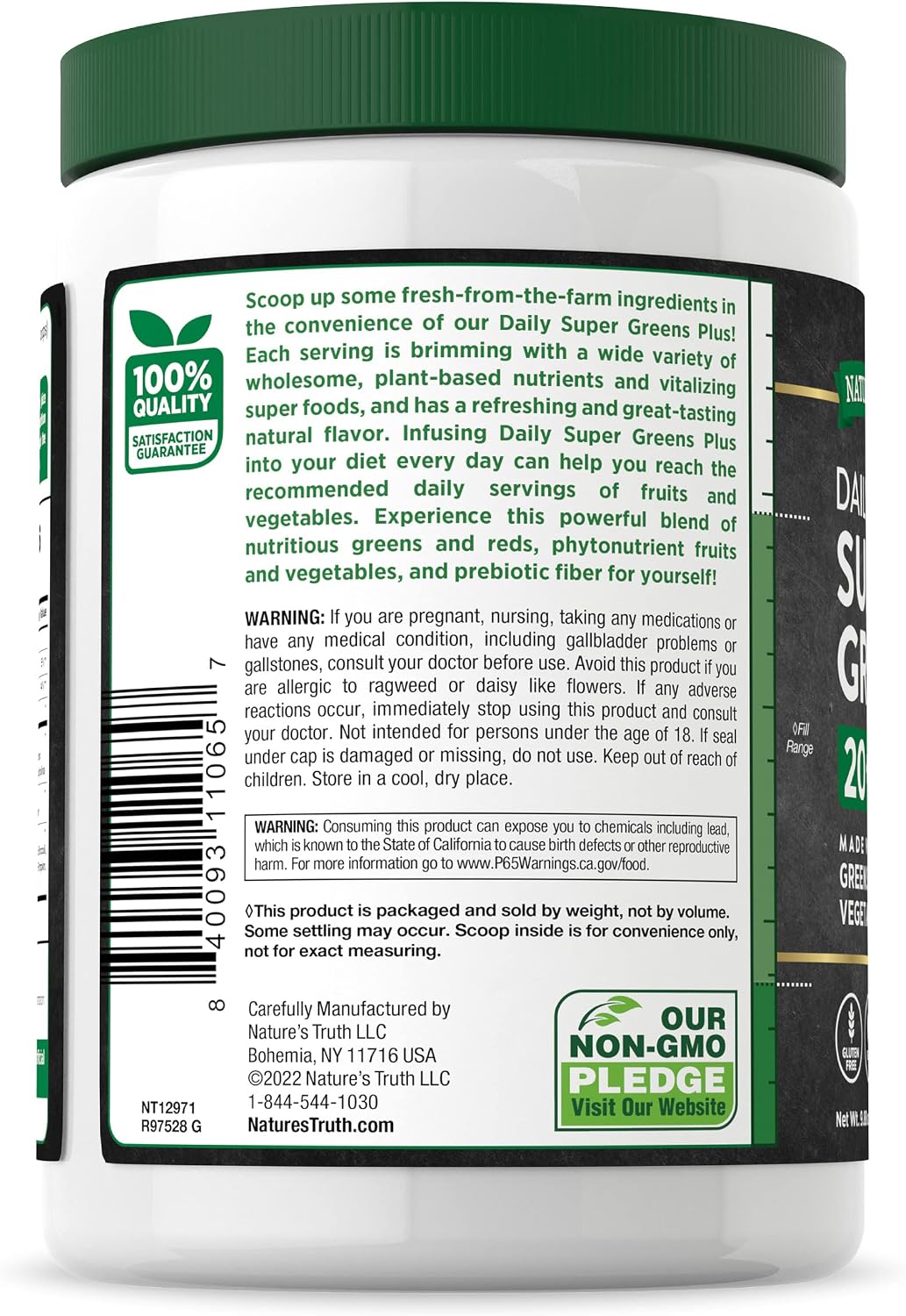 Nature's Truth Super Greens Powder - Superalimentos y Prebióticos - 280g - Vegano y Sin Gluten