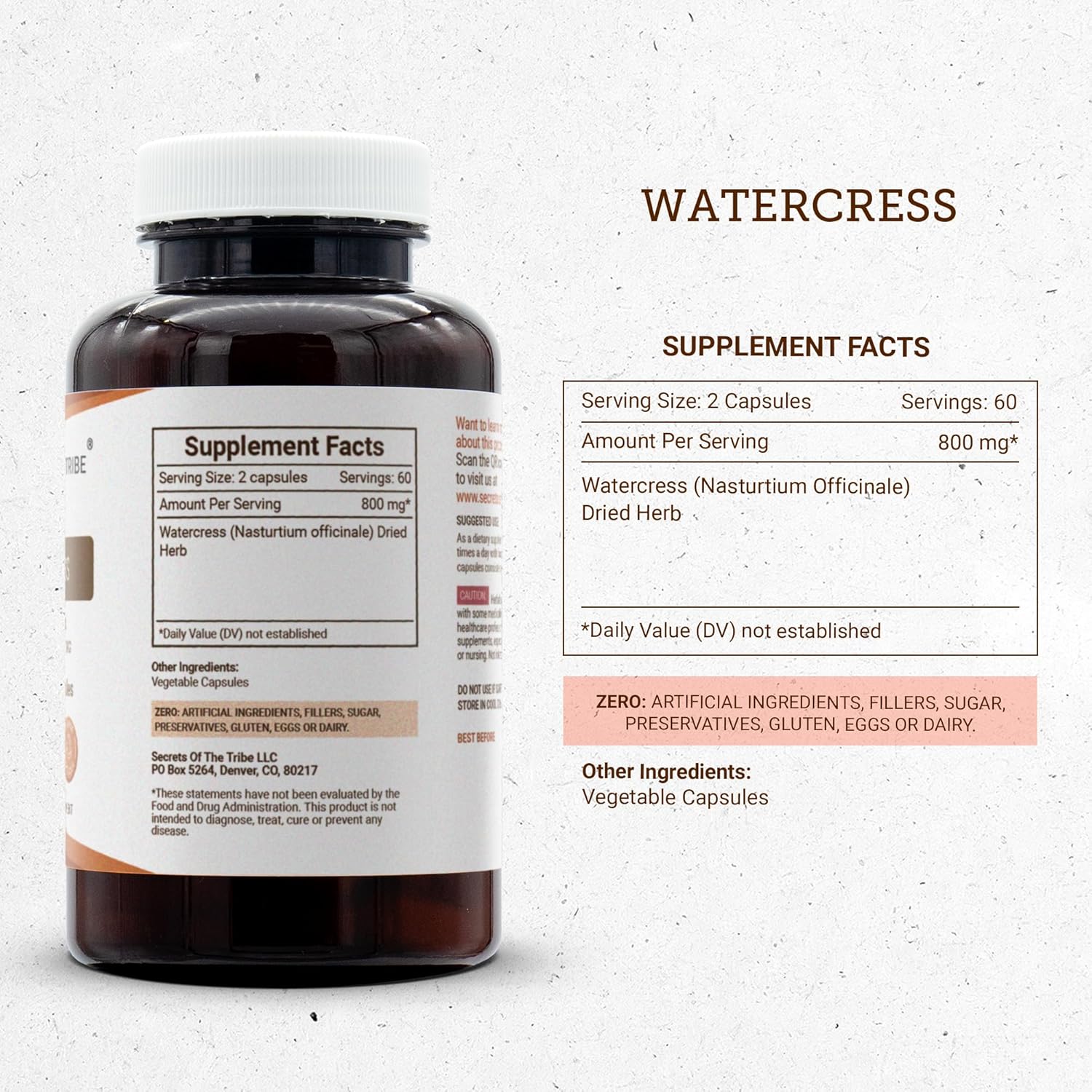 Secrets of the Tribe Berro 800 mg - 120 Cápsulas (Nasturtium Officinale) Hierba Seca