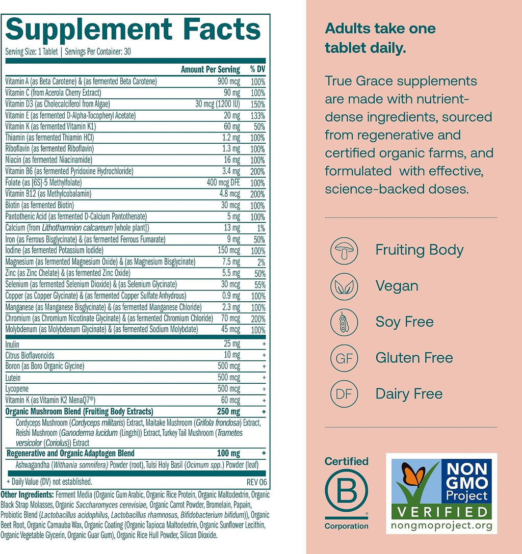 True Grace One Daily Multivitamínico para Mujeres con Minerales Fermentados, Adaptógenos Orgánicos y Hongos - Apoyo Completo para Cuerpo, Mente y Belleza - 30 Comprimidos Veganos