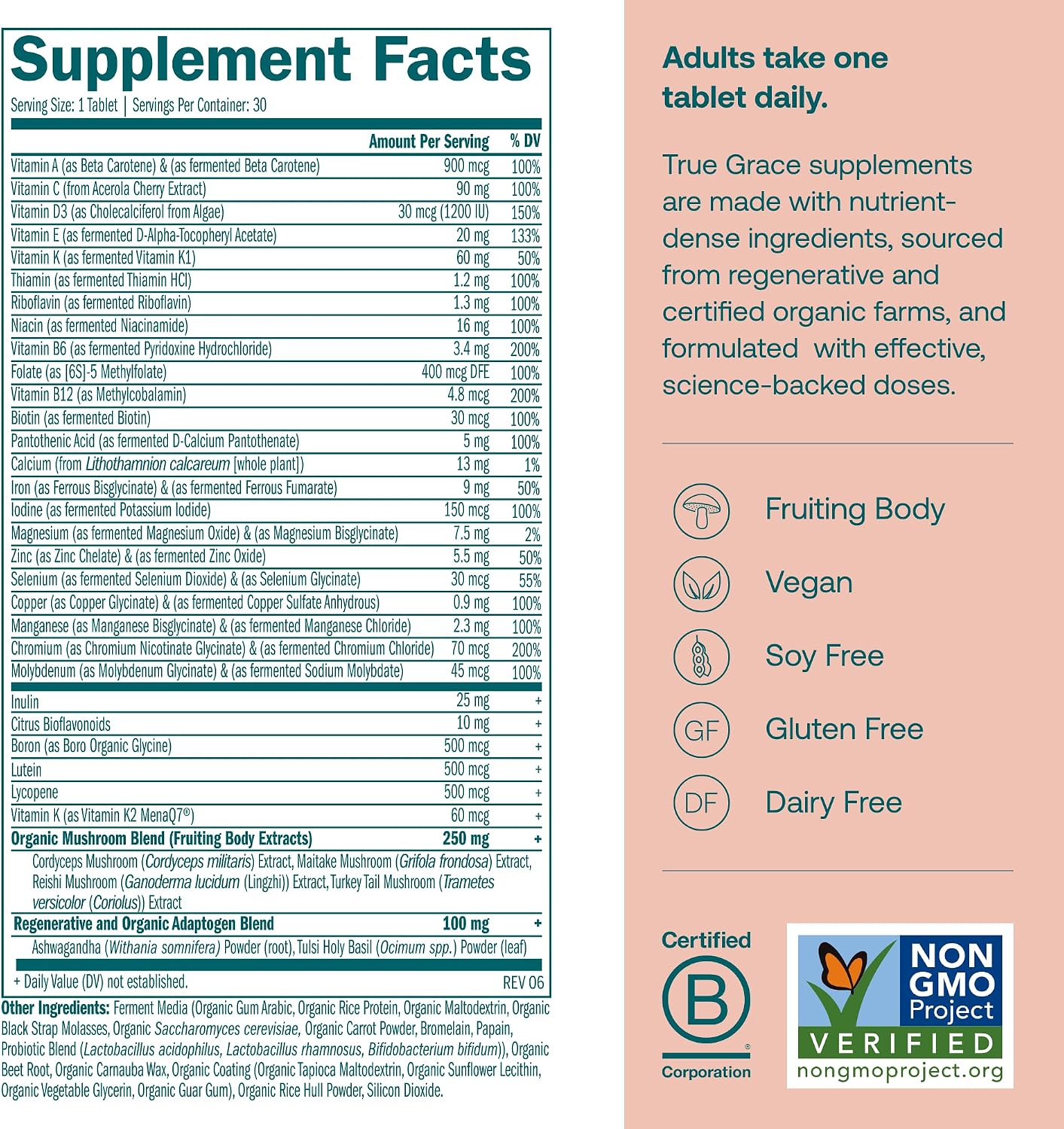 True Grace One Daily Multivitamínico para Mujeres con Minerales Fermentados, Adaptógenos Orgánicos y Hongos - Apoyo Completo para Cuerpo, Mente y Belleza - 30 Comprimidos Veganos