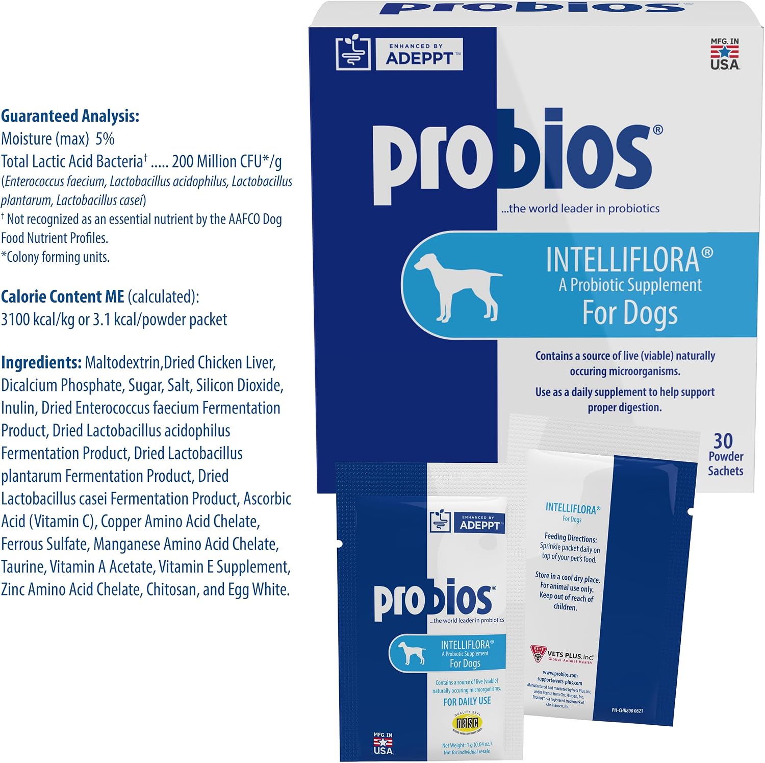 Probios Intelliflora Probióticos para Perros, Polvo Diario con Prebióticos, 200 Millones UFC/g, Sabor a Hígado de Pollo, 30 Sobres