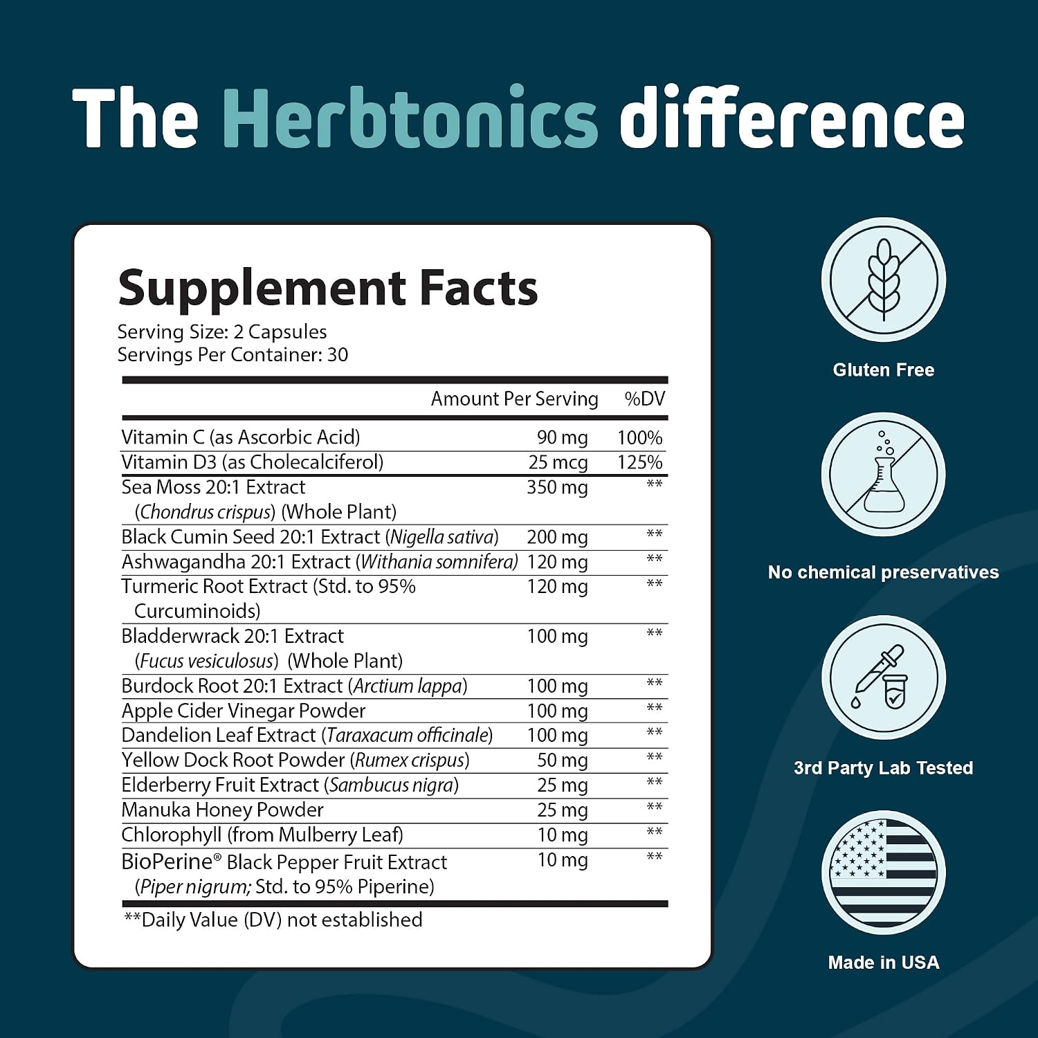 Herbtonics Sea Moss, Black Cumin Seed, Ashwagandha, Burdock Root & ACV Complex | Apoyo Inmunidad, Estrés y Digestión | 60 Cápsulas