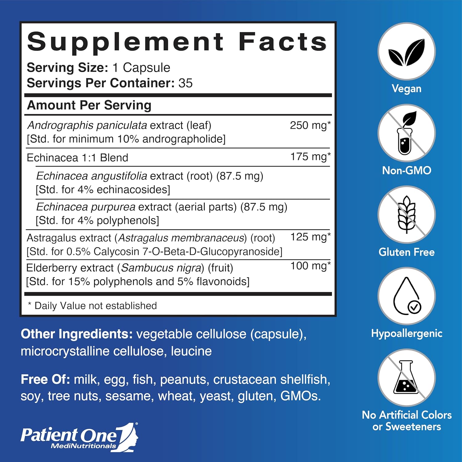 Patient One ViraCare | Suplemento de Apoyo Inmunológico y Respiratorio de Acción Rápida | con Equinácea, Andrografis, Saúco, Astrágalo | 35 Cápsulas