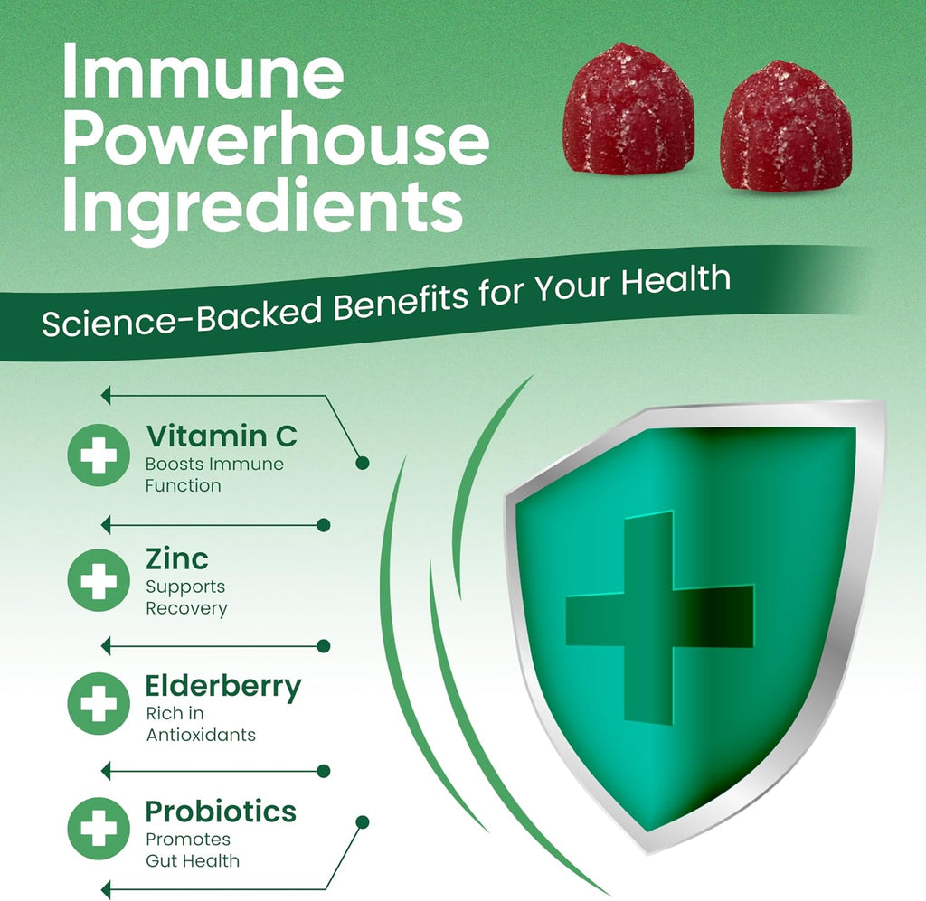 Immune Boosters for Adults - Gominolas Veganas de Defensas con Vitaminas C y D, Zinc, Magnesio, Probióticos - Suplemento Inmunológico con Saúco, Cúrcuma, Equinácea, 60 Unidades