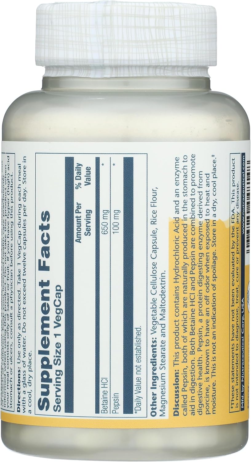 Solaray HCl Pepsin Alta Potencia 650 mg, 100 Cápsulas Vegetales