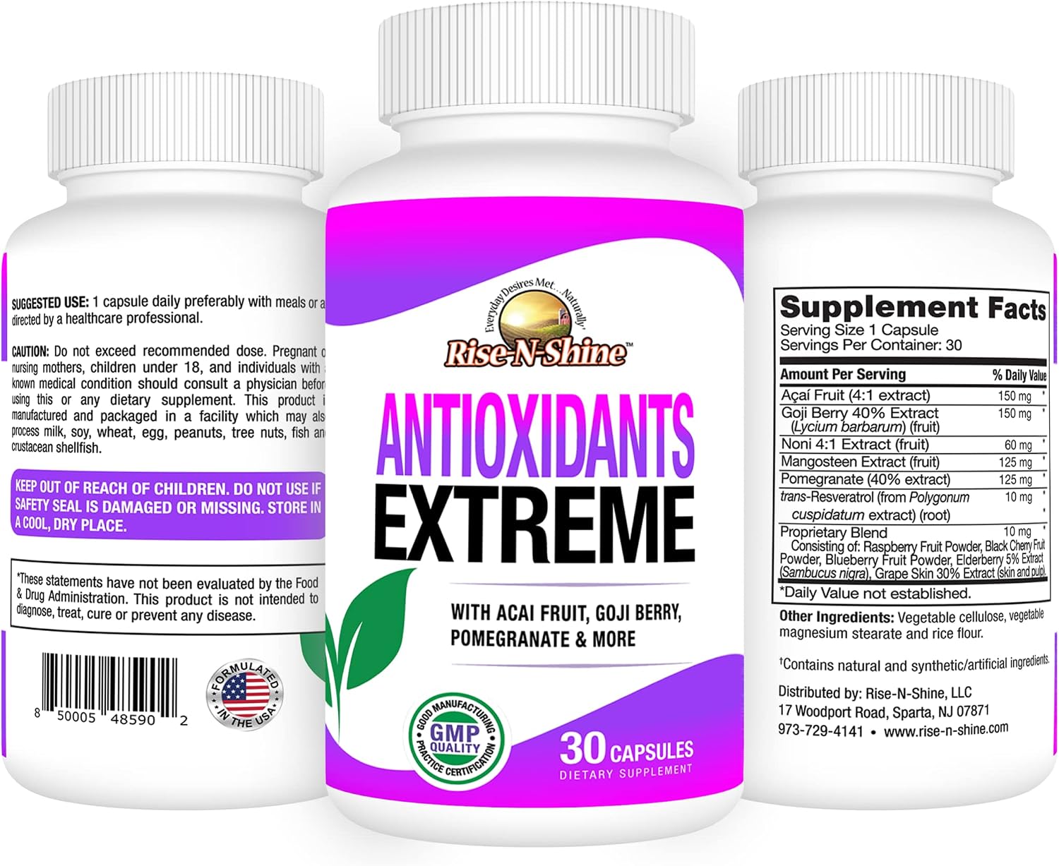 Rise-N-Shine Antioxidants Extreme Suplemento Antioxidante con Acai, Goji, Noni, Mangostán, Granada, Resveratrol, Saúco y Más - 30 Cápsulas