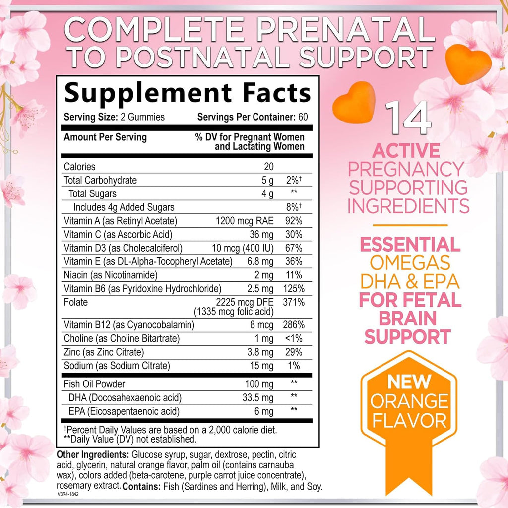 Vitaminas Prenatales para Mujeres – Multivitamínico Completo para el Embarazo – Ácido Fólico, Omega 3 DHA, Colina, Vitamina D – Sabor Naranja – 120 Gominolas